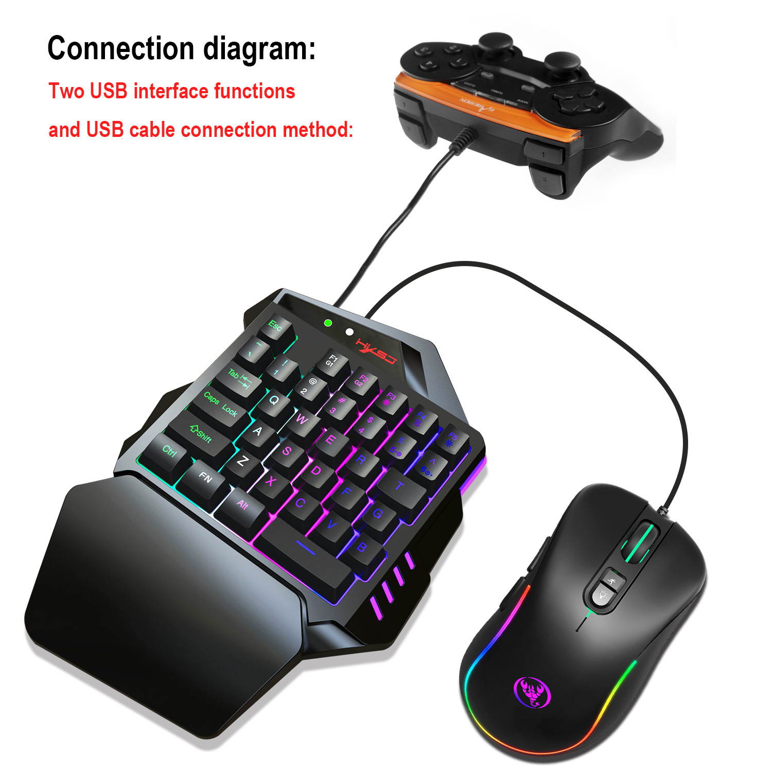 HXSJ V500 Gaming One-handed Keyboard RGB Luminous Keyboard Built-in Converter Support PS3 PS4