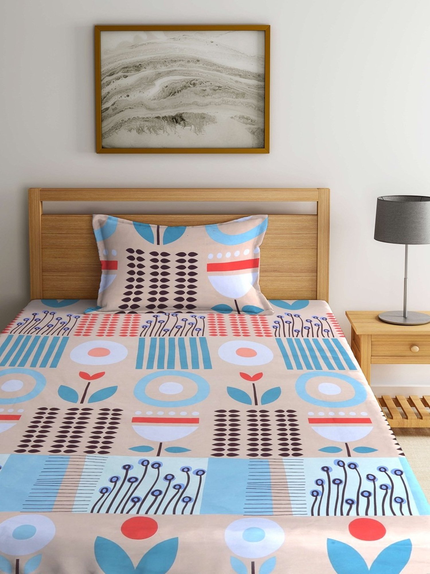 Klotthe Geometric Multicolor 210 TC Cotton Blend Single Bedsheet with 1 Pillow Cover