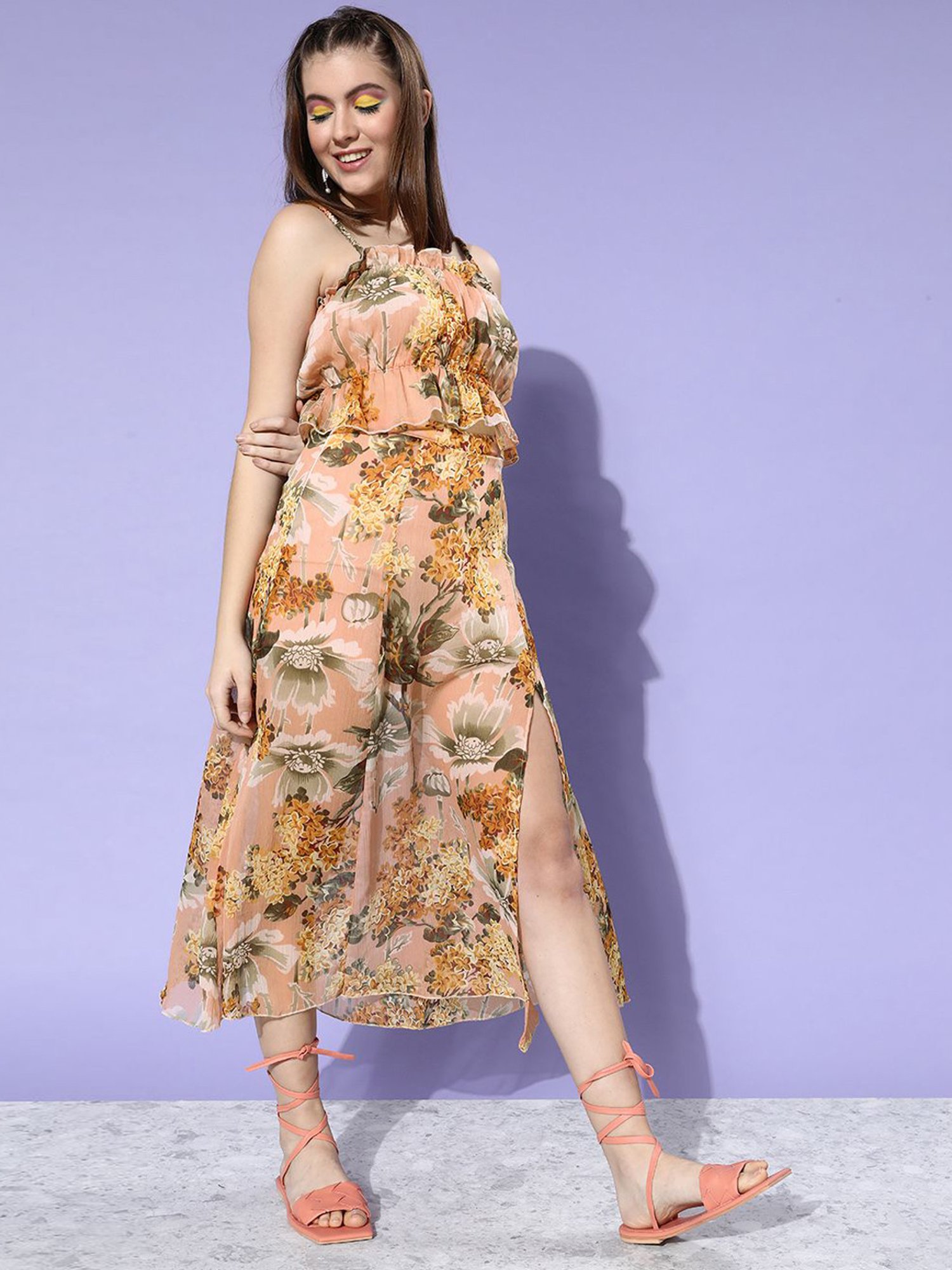 Anvi Be Yourself Peach Floral Print A-Line Skirt