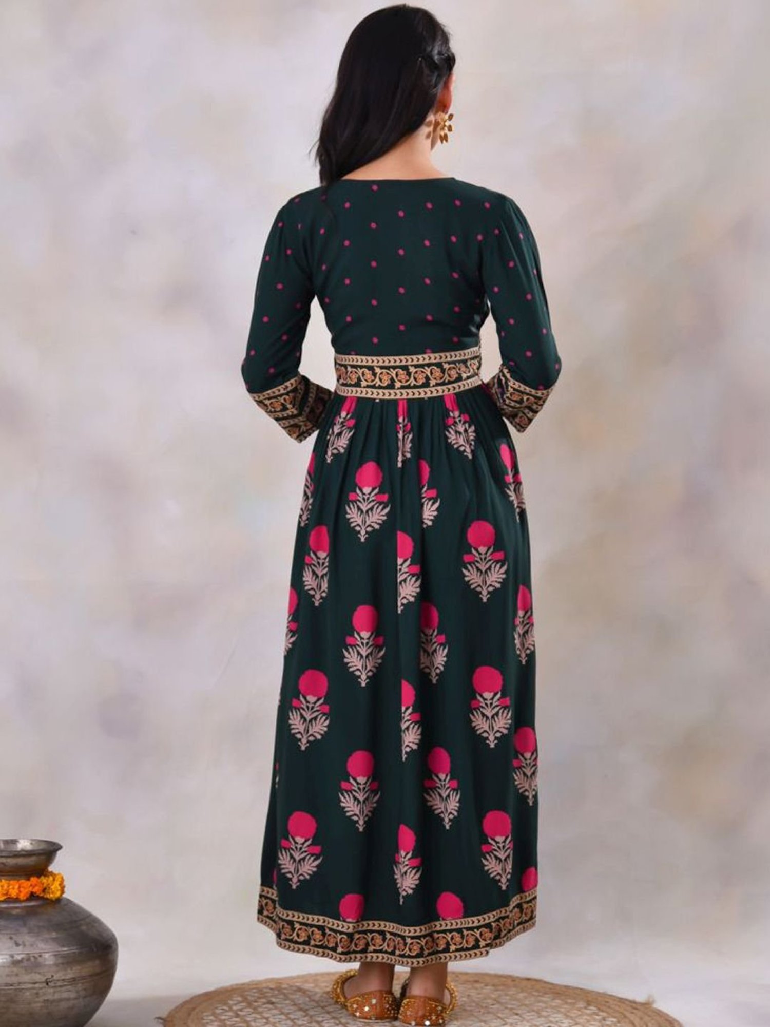 Rustorange Emerald Green Printed Dress