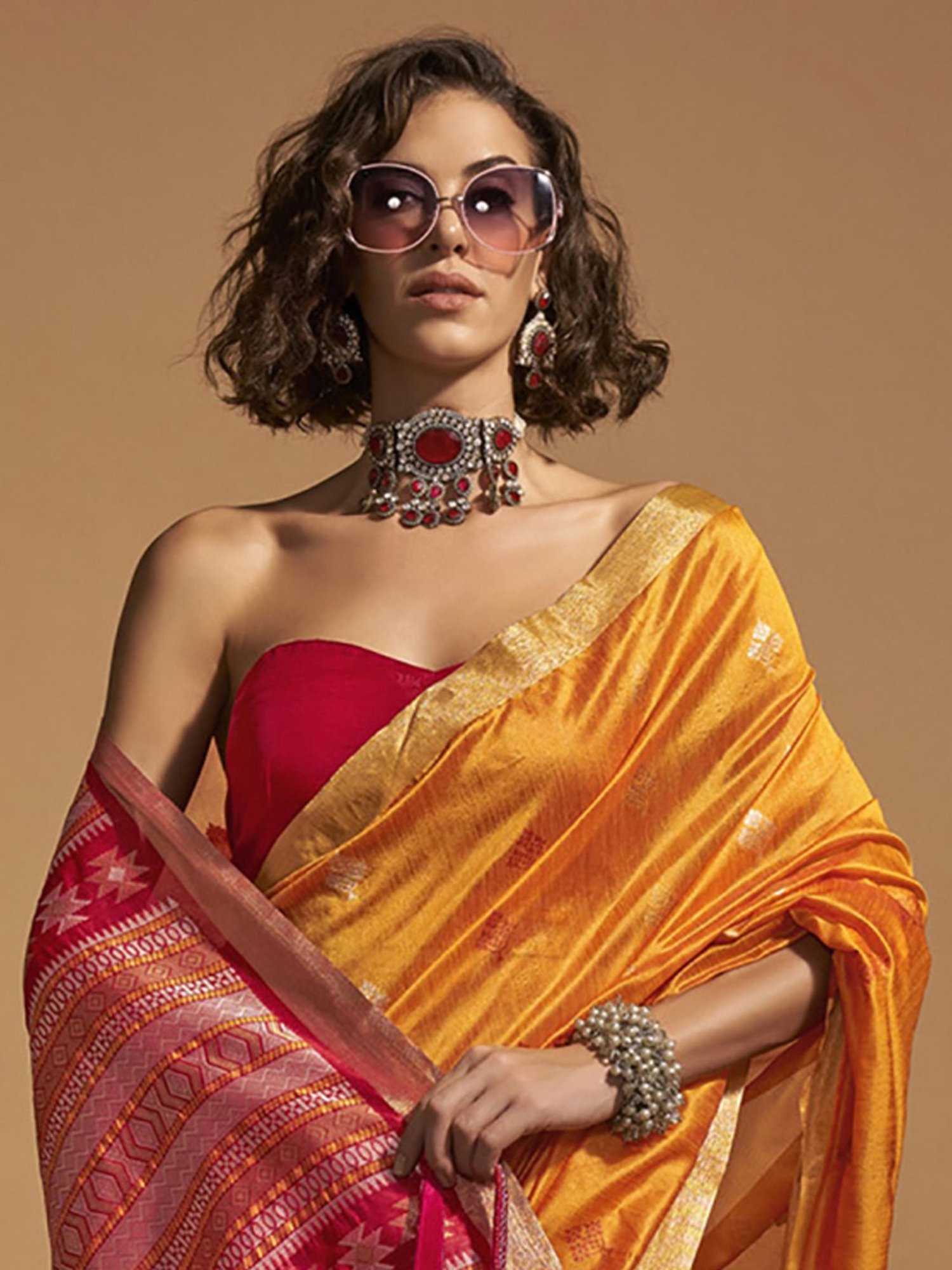 Unnati Silks Red Silk Printed Saree With Unstitched Blouse