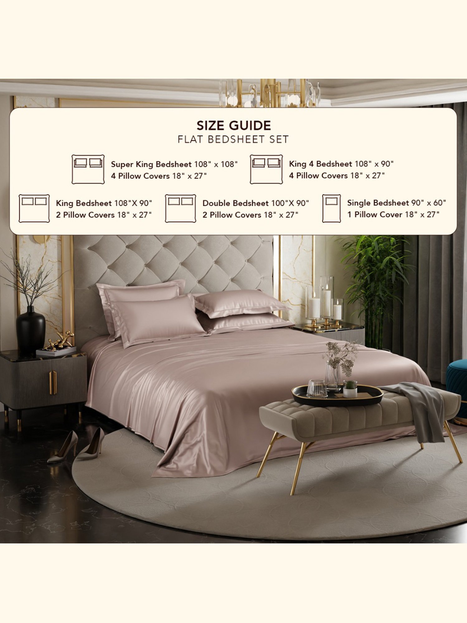 Stoa Paris Date Night Champagne Collection 300 TC Sateen Super King Bed Sheet with 4 Pillow Covers