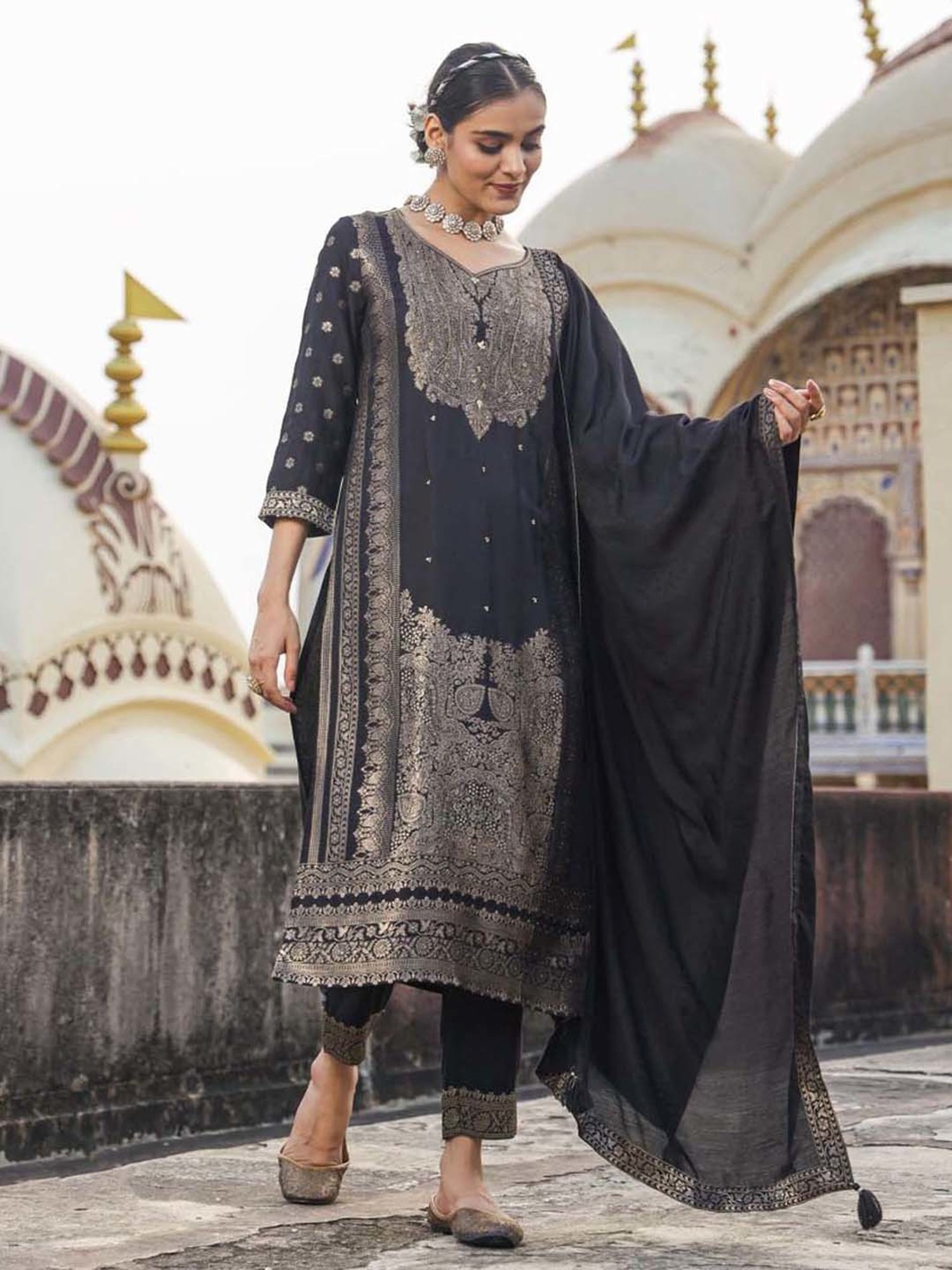 SCAKHI Black Embroidered Kurta Pant Set With Dupatta