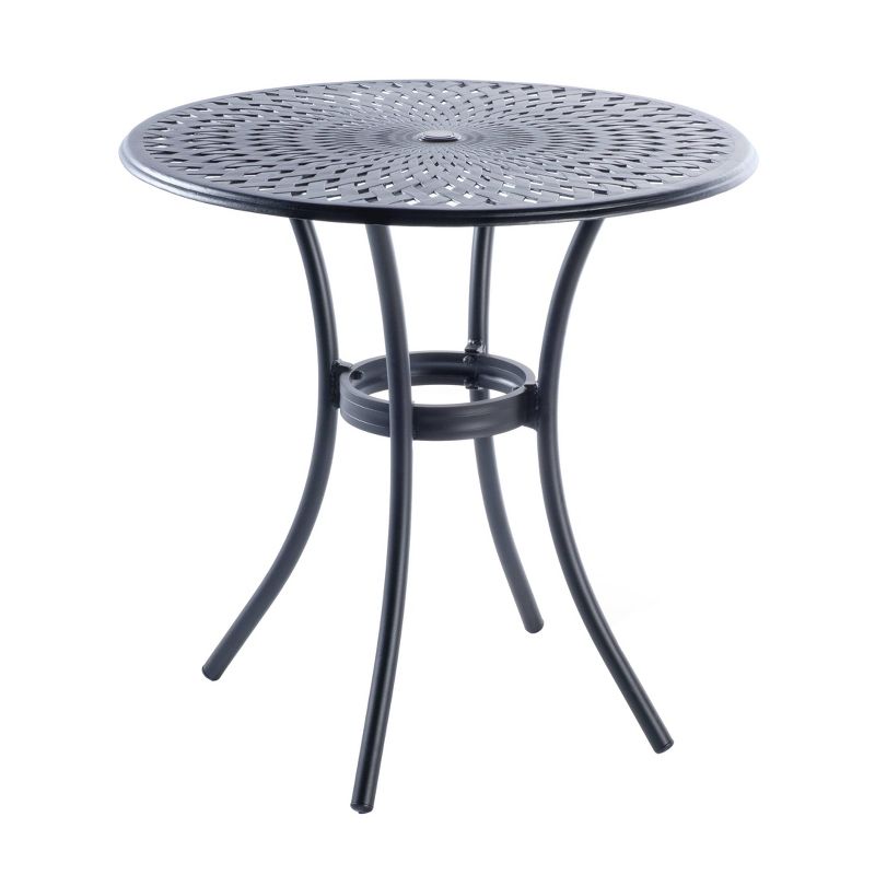 Westbury 5pc Cast Aluminum Dining Set with Umbrella Hole Round Bar Table & 4 Bar Swivel Arm Chairs - Alfresco Home