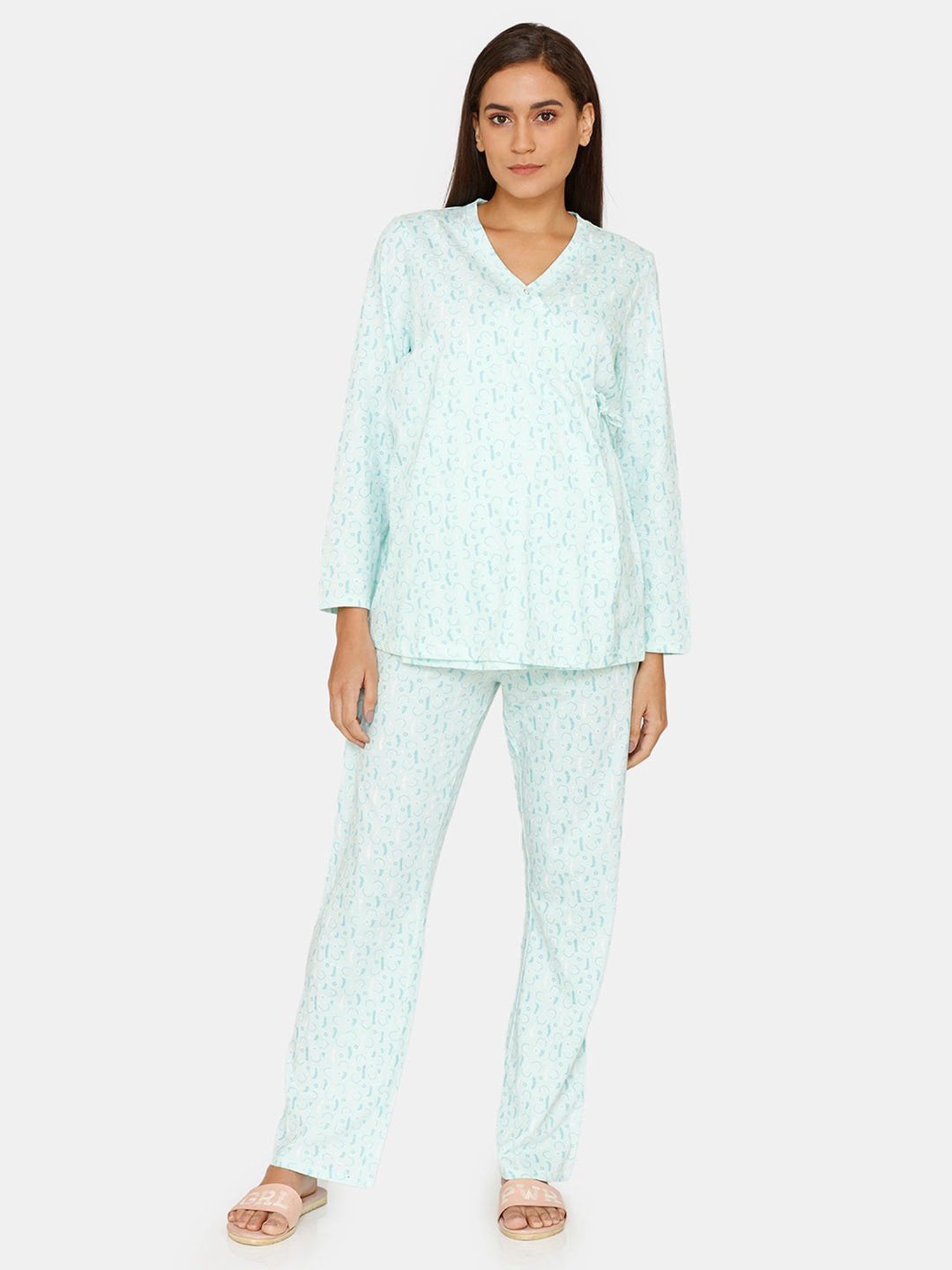 Zivame Light Green Printed T-Shirt With Pyjamas