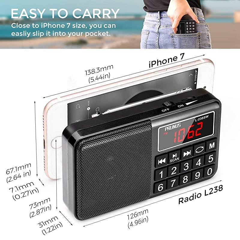 L238 AM FM Portable Radio Digital Battery Operated Radio with Neodymium Speaker SW Band Auto Save USB Flash Drive TF Card AUX Input MP3 Player Black