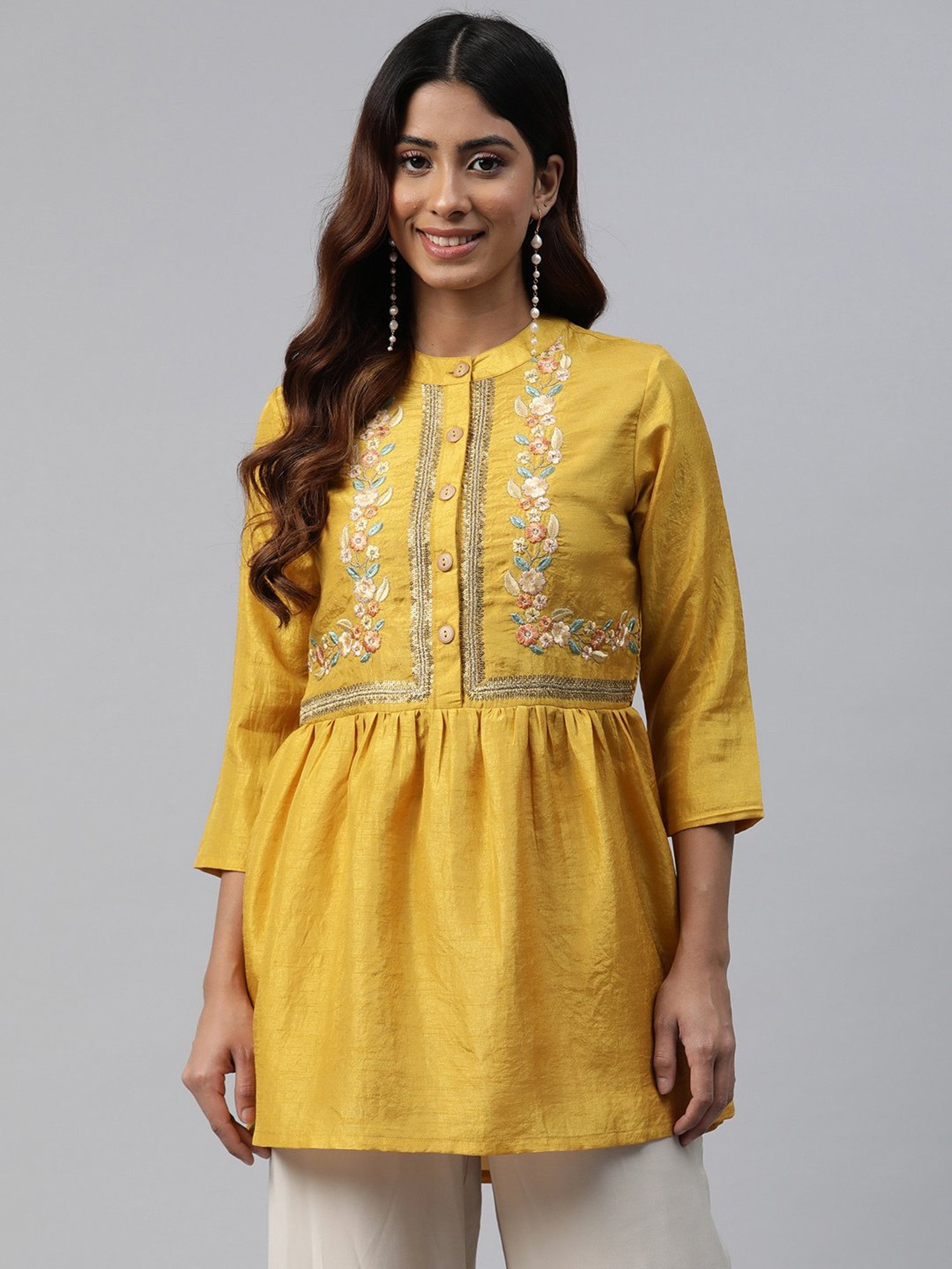 Cottinfab Yellow Silk Embroidered Top