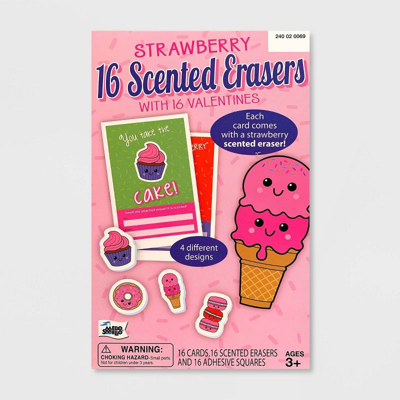 Mello Smello 16ct Strawberry Scented Erasers with Valentines