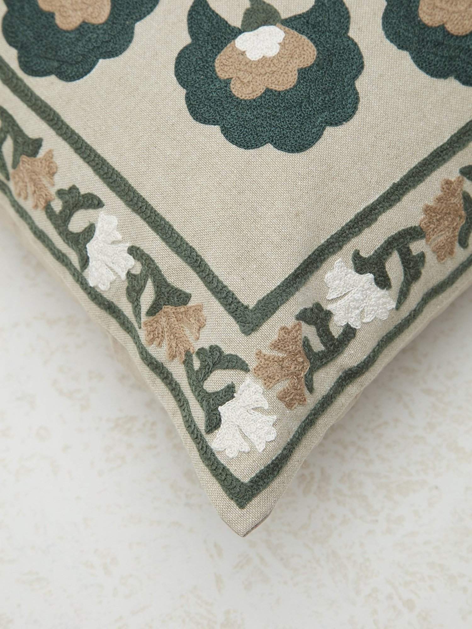 Westside Home Dark Green Sujani Floral Embroidered Cushion Cover