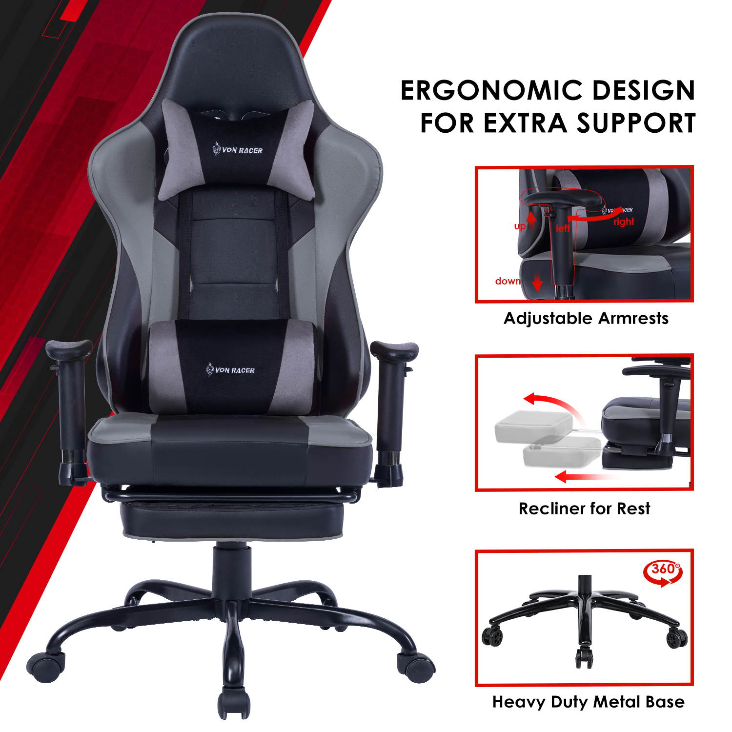 VON RACER Massage Gaming Chair - High Back Racing PC Computer Desk Office Chair Swivel Ergonomic Executive Leather Chair with Footrest and Adjustable Armrests(Grey)