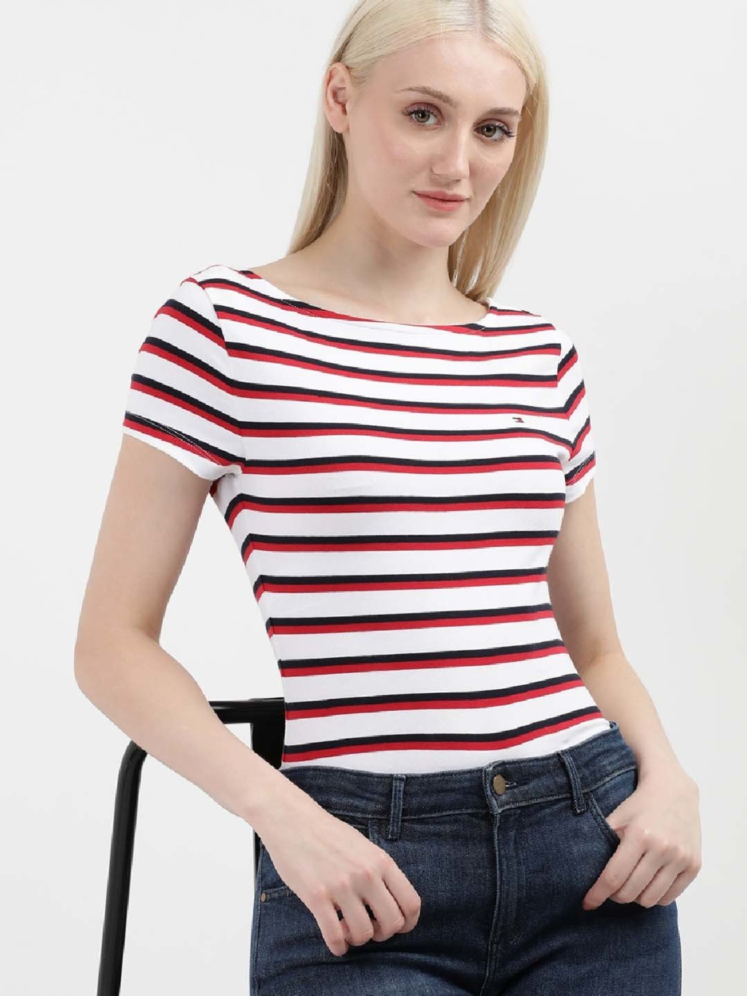 TOMMY HILFIGER White & Red Cotton Striped Top