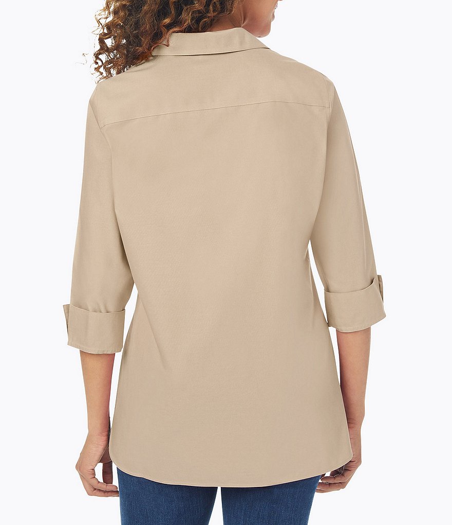 Foxcroft Pandora Solid Non-Iron Pinpoint Oxford Button Front Wing Collar Neck 3/4 Sleeve Tunic
