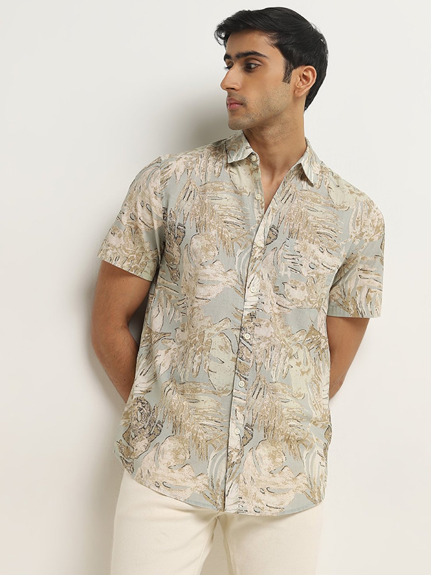 WES Casuals by Westside Beige Leaf Printed Slim-Fit Cotton Shirt