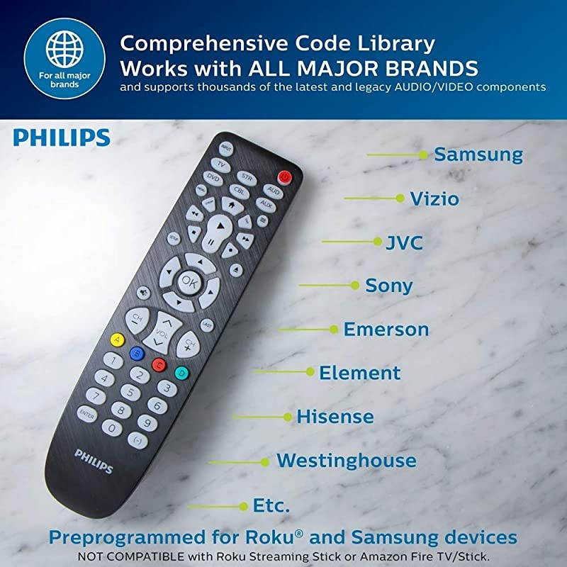 Backlit Universal Remote Control For Samsung, Vizio, LG, Sony, Sharp, Roku, Apple TV, RCA, Panasonic, Smart TVs, Streaming Players, Blu-ray, DVD, 6-Device, Black, SRP9368D/27