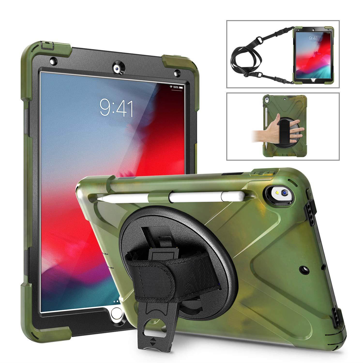 KIQ Heavy Duty Military Durability Shield Case, Tablet Cover, Kickstand, Shoulder Strap, Kickstand,, Palmstrap, Dual-Layer Protection For Apple iPad Pro 10.5 & iPad Air 10.5 (3rd Gen) (Camouflage)