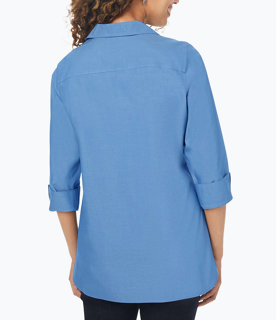 Foxcroft Pandora Solid Non-Iron Pinpoint Oxford Button Front Wing Collar Neck 3/4 Sleeve Tunic