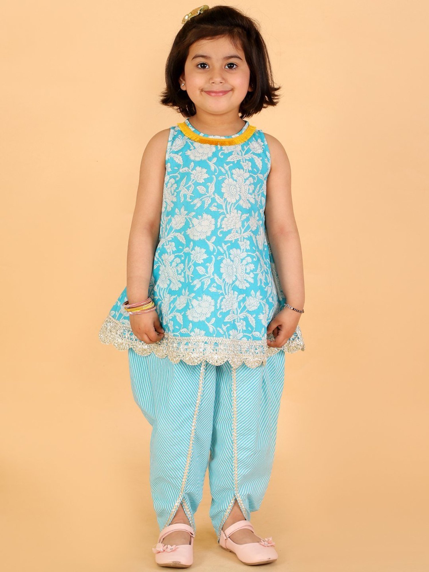 Lil Drama Kids Blue Cotton Floral Print Kurta Set