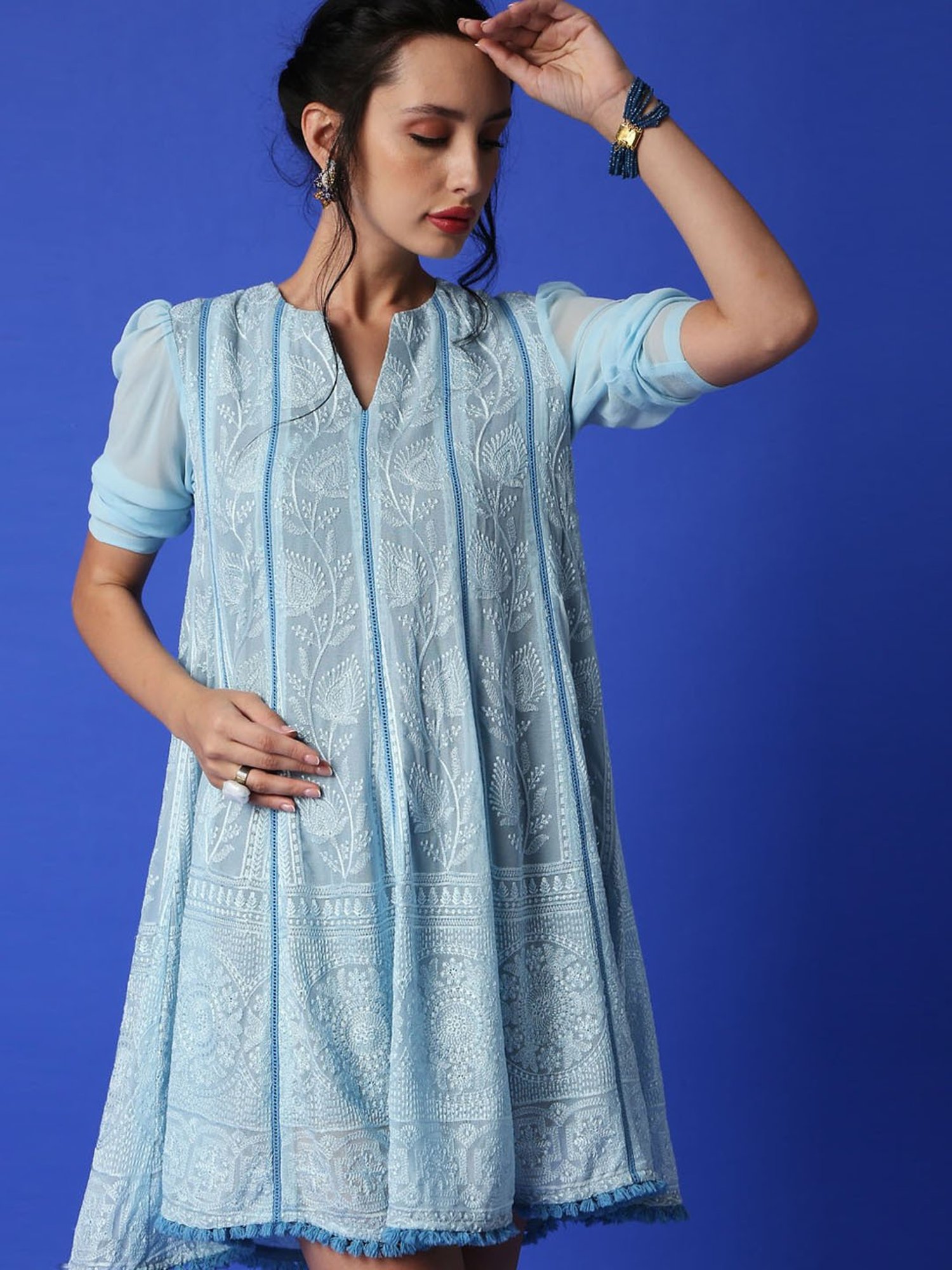 Monk and Mei Mumtaz Chikankari Anarkali Kurta/ Dress- Ice Blue