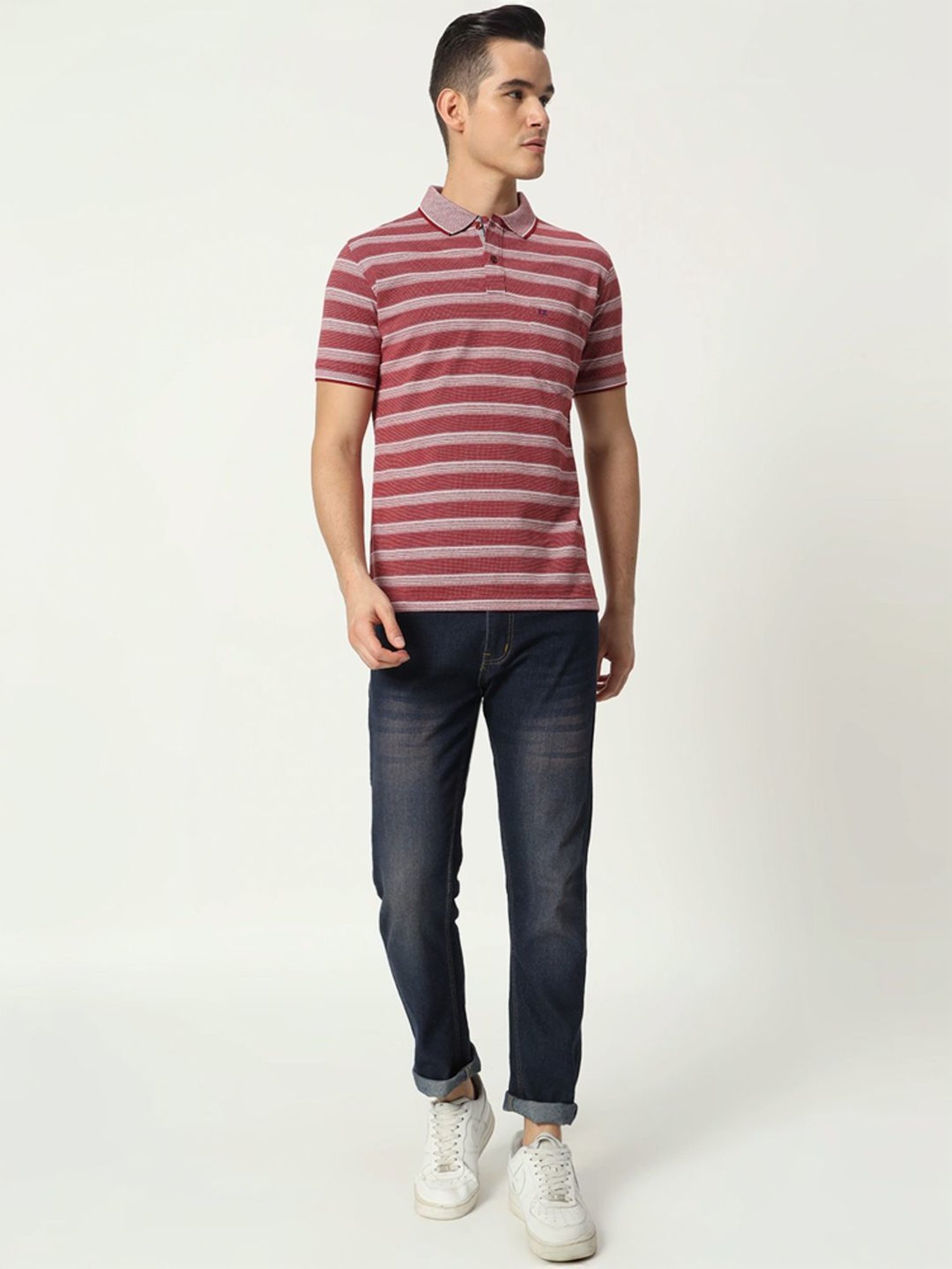 Tab91 Red Regular Fit Striped Polo T-Shirts