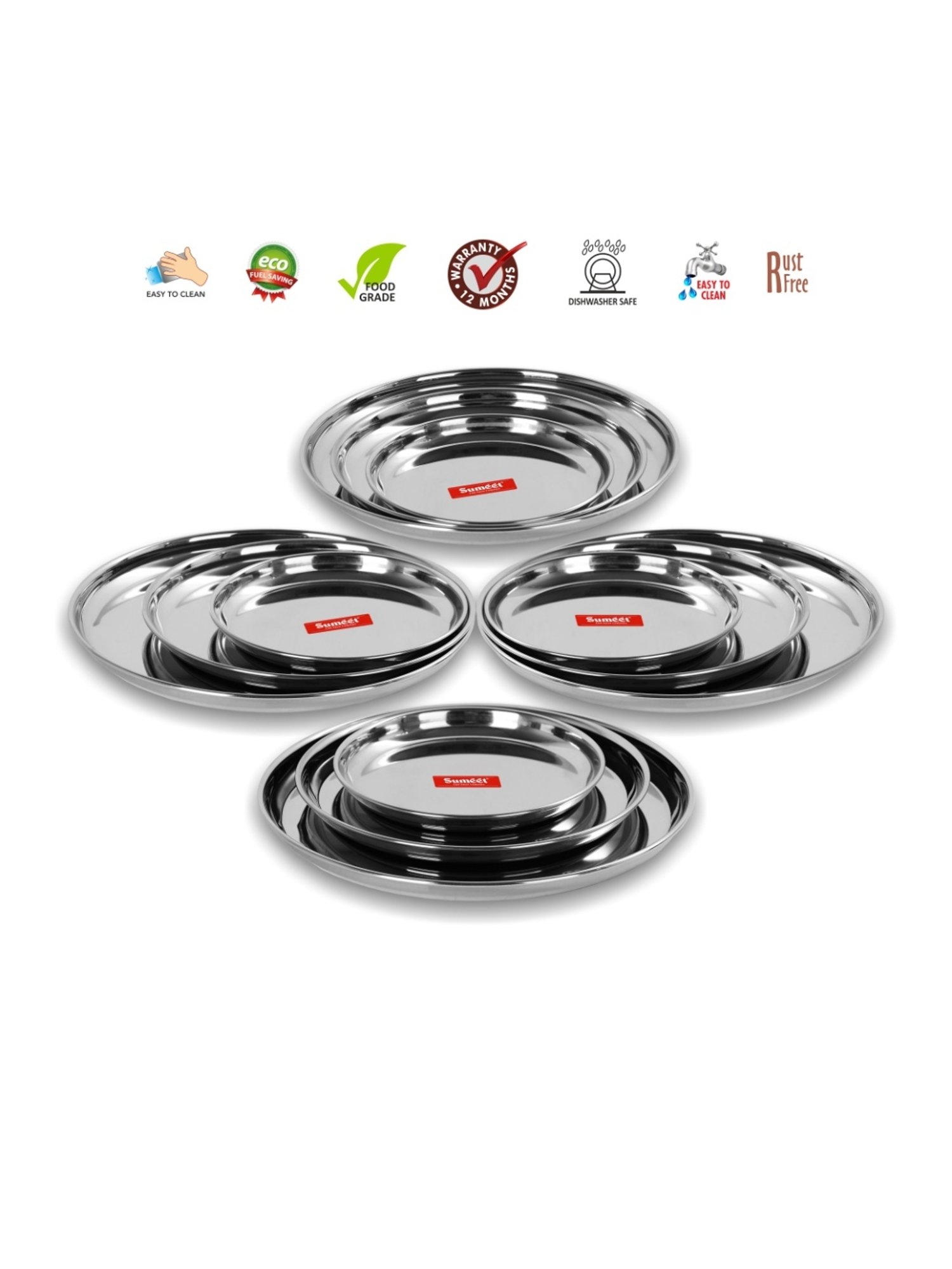 Sumeet S.S. Heavy Gauge Multi Purpose Plates with Mirror Finish Set of 12pc ( Dia-17cm, 22cm,27.5cm)