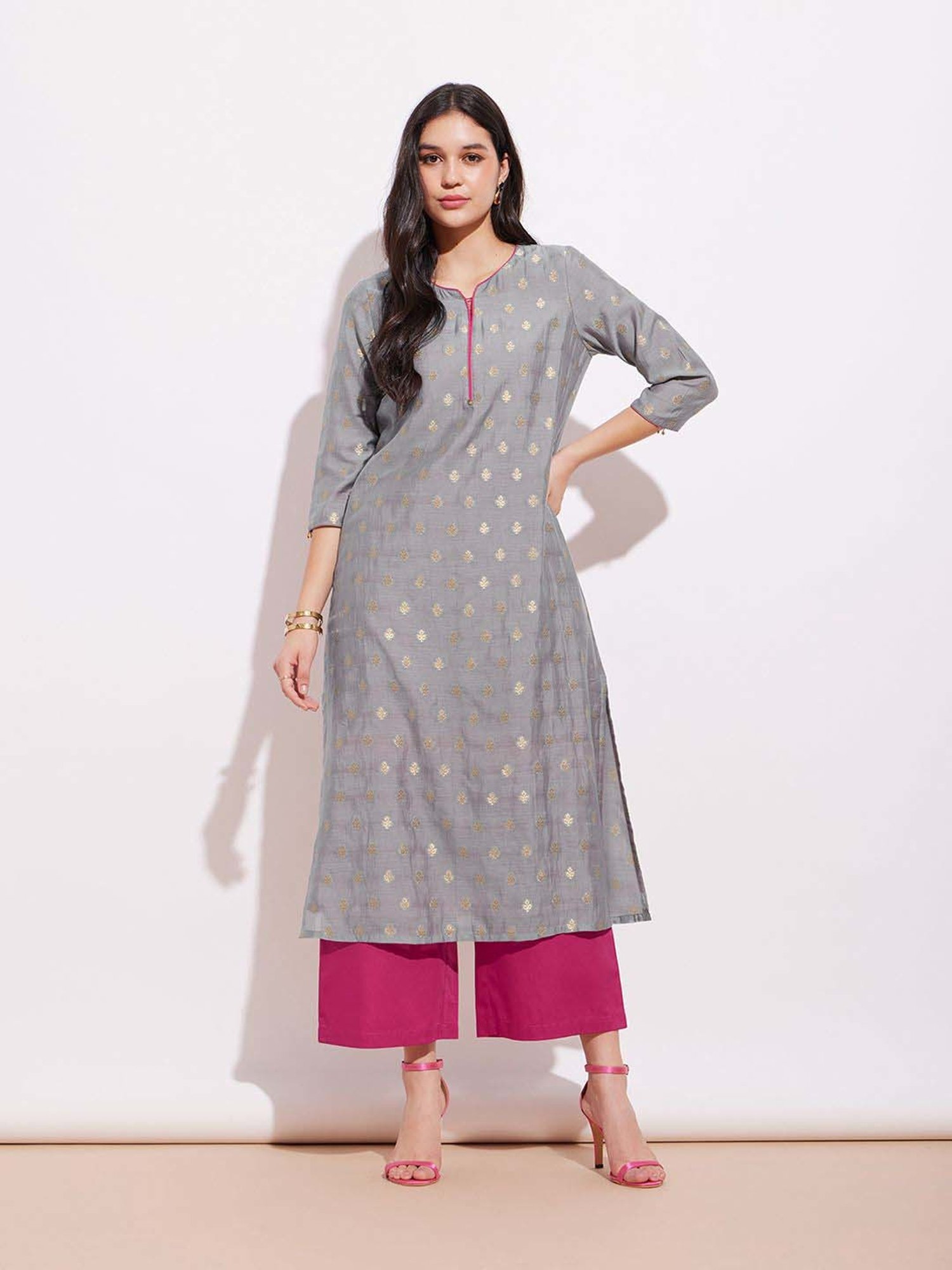 Pink Fort Grey Woven Pattern Straight Kurta