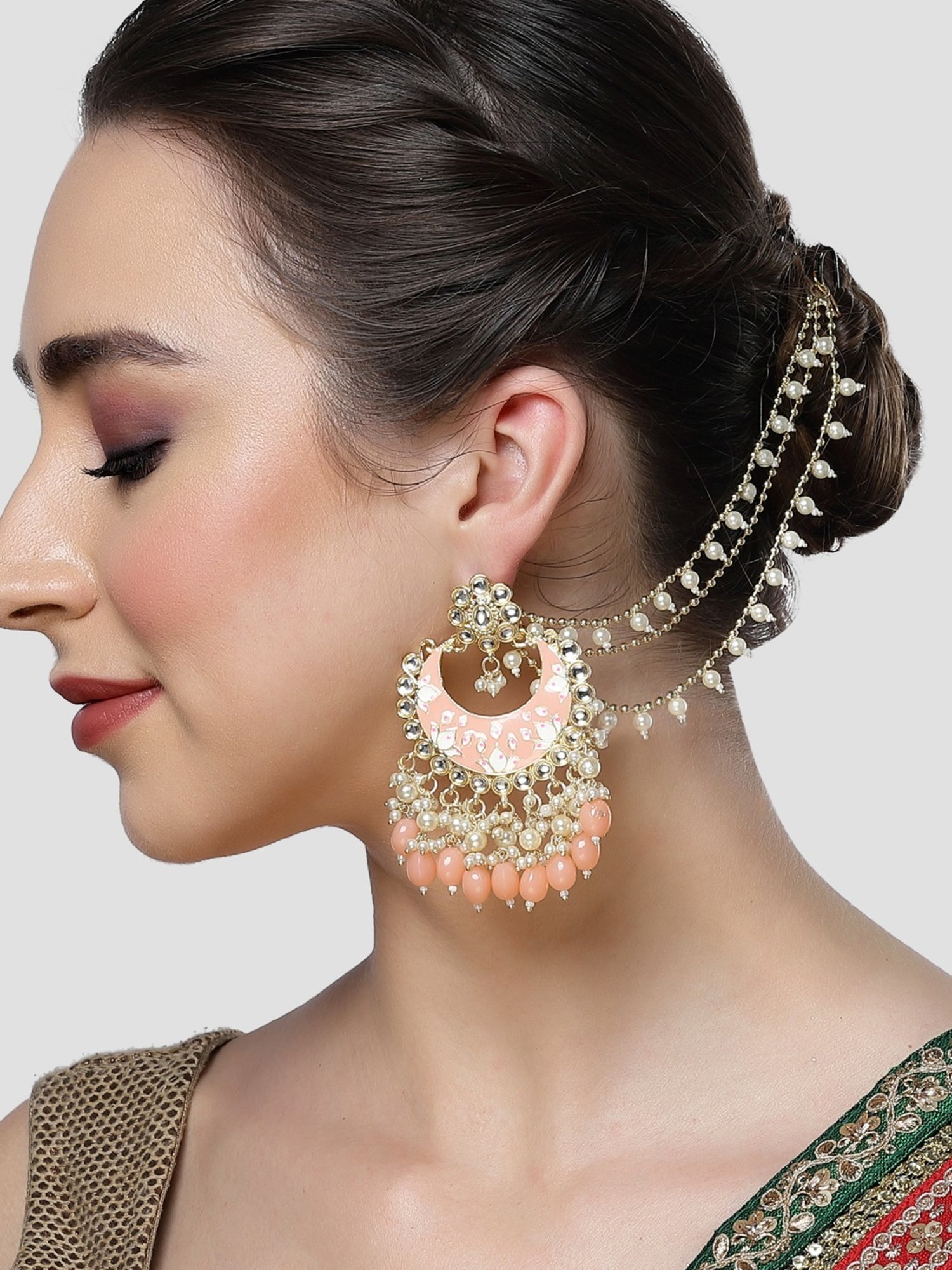 Karatcart Gold Plated Peach Meena Pearl and Tumble Studded Kundan Kaanchain Earrings for Women
