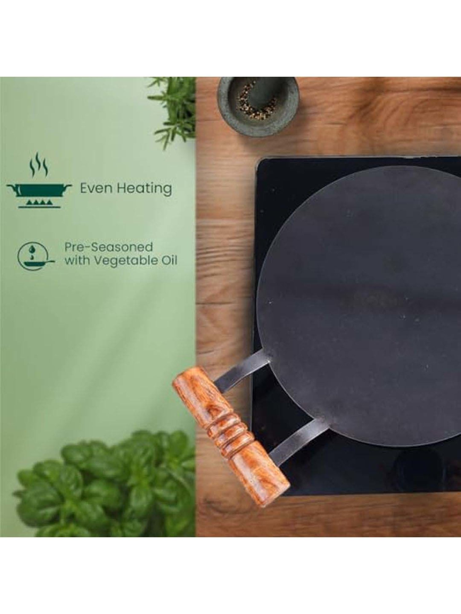 The Indus Valley Black Iron Induction Friendly 30.4cm Round Tawa With Wooden Handle