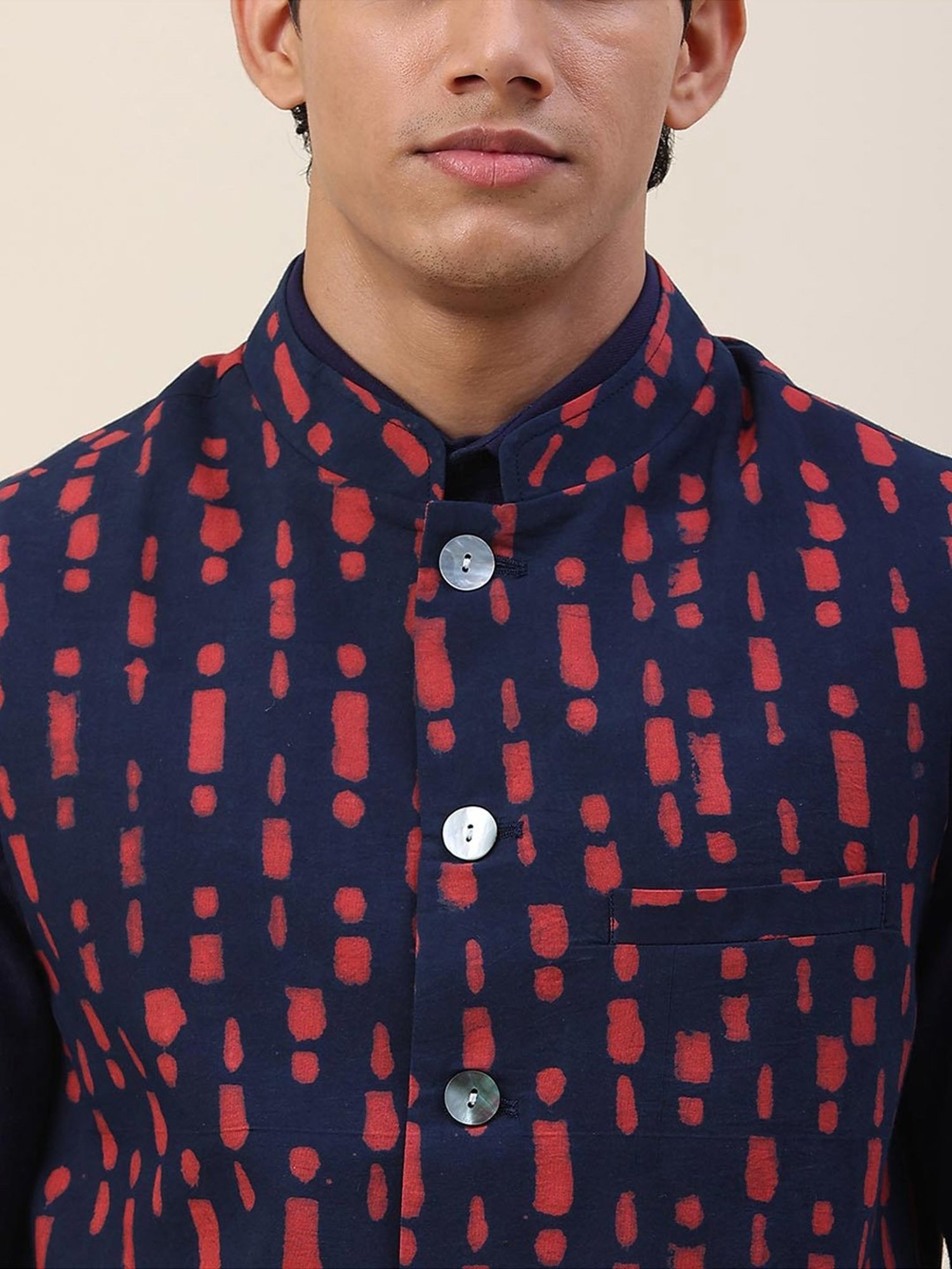 Fabindia Navy & Red Cotton Slim Fit Printed Nehru Jacket