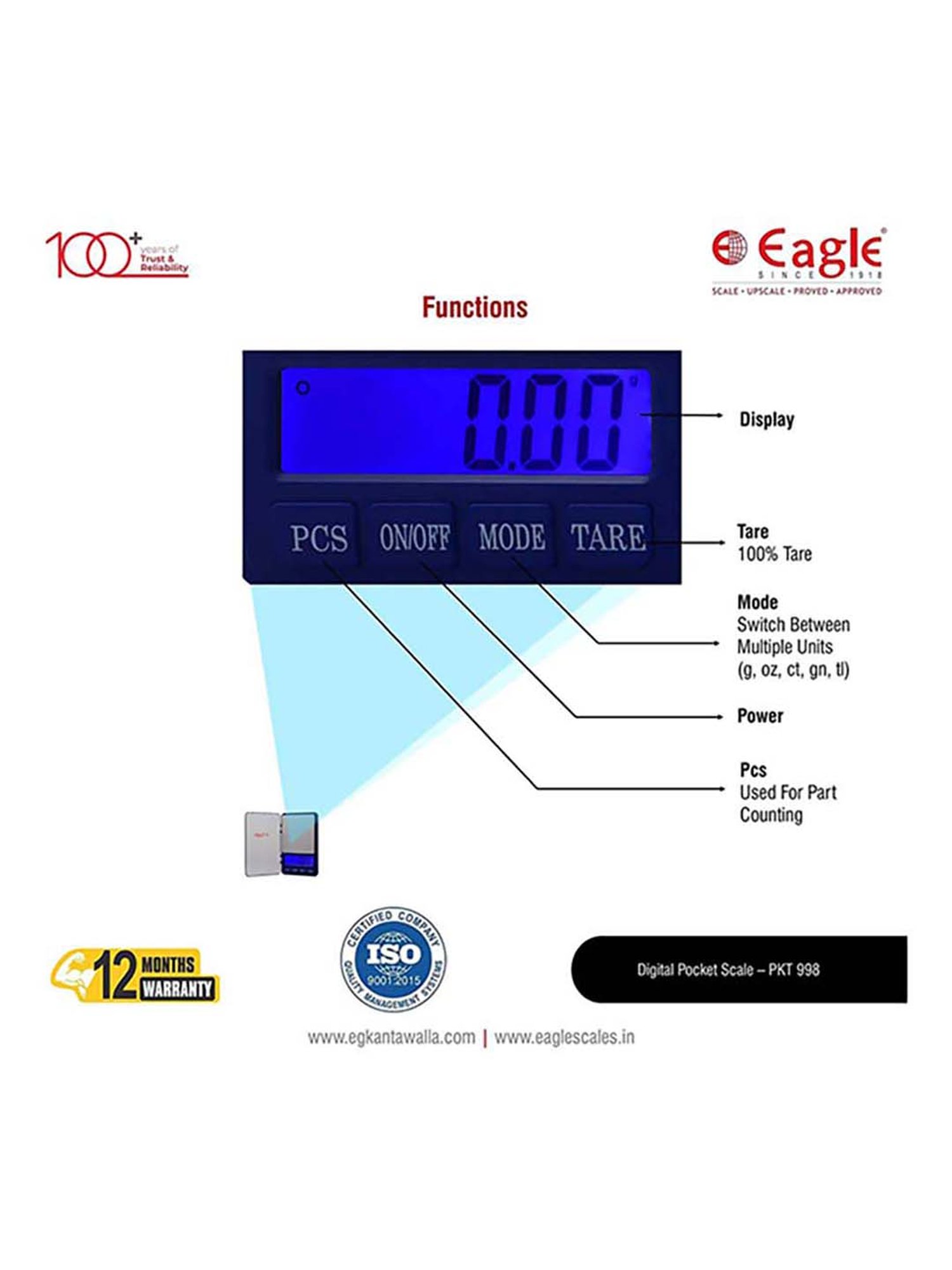 Eagle PKT-998 Digital Weighing Scale, 1kg Capacity, 0.01g Accuracy,Mini Weight Machine, Pocket Scale