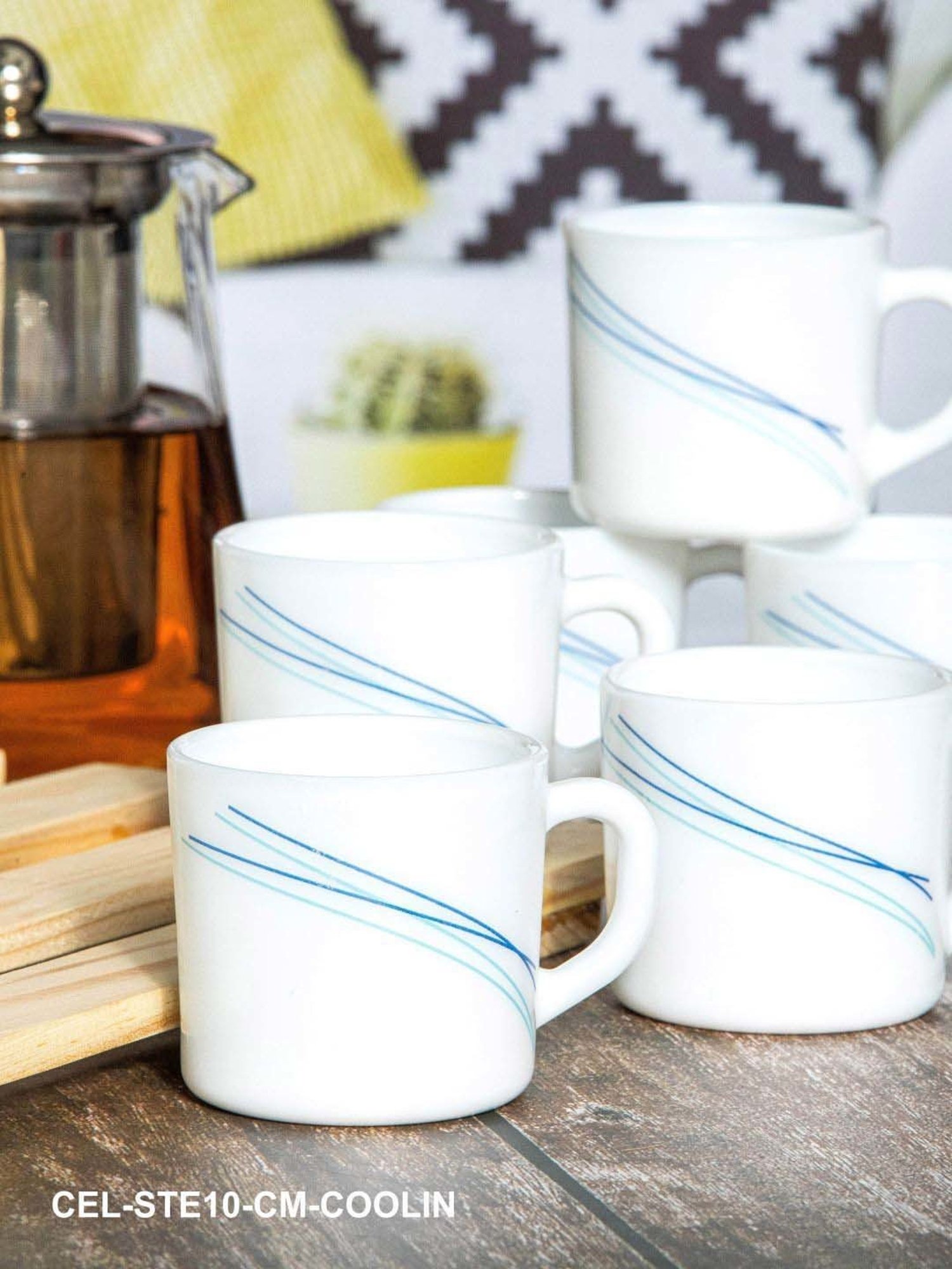 Cello White & Blue Glass Coffee Mug (0.1 L) - Set of 6