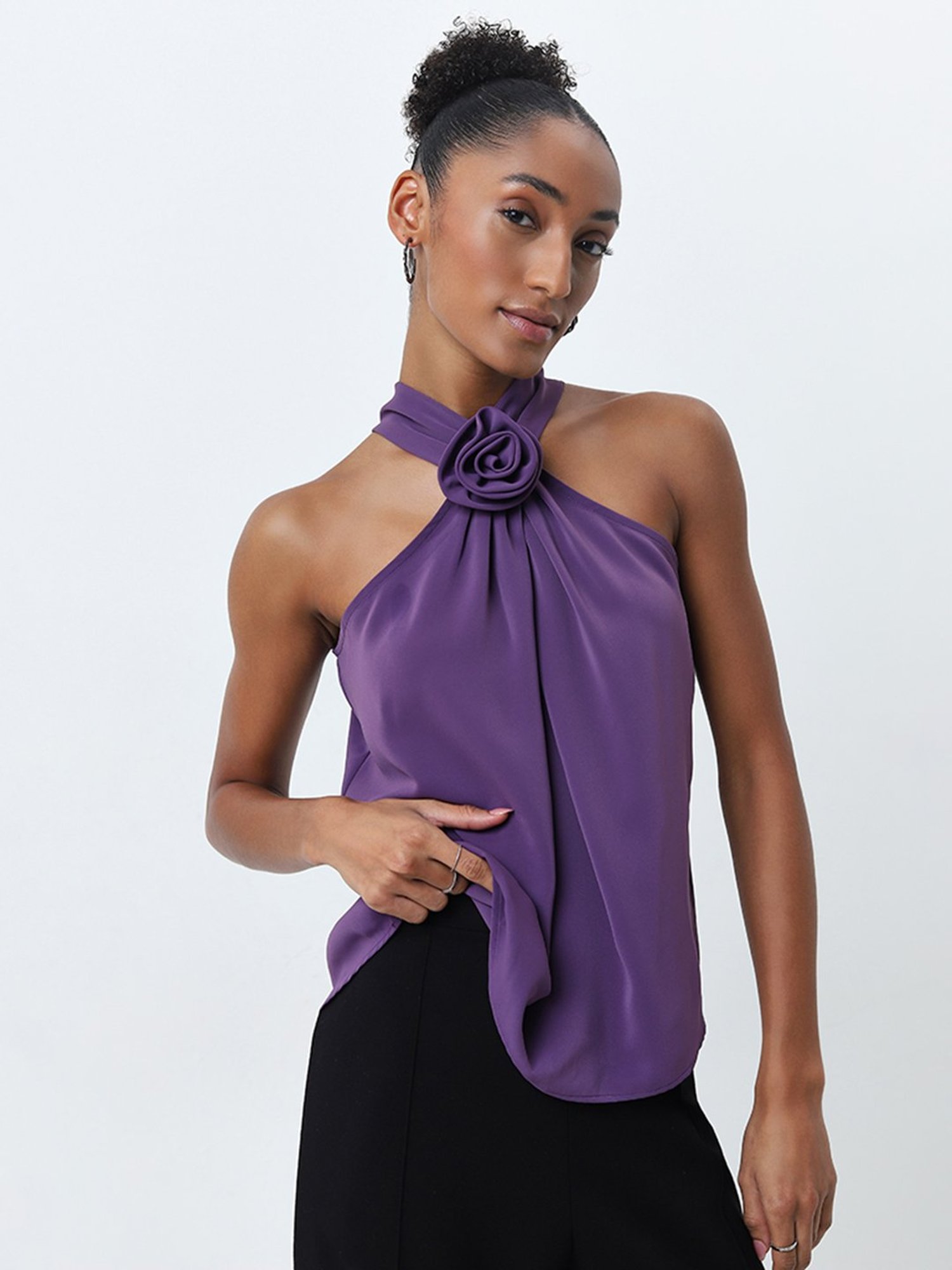 Wardrobe by Westside Purple Rosette Detailed Halter-Neck Top