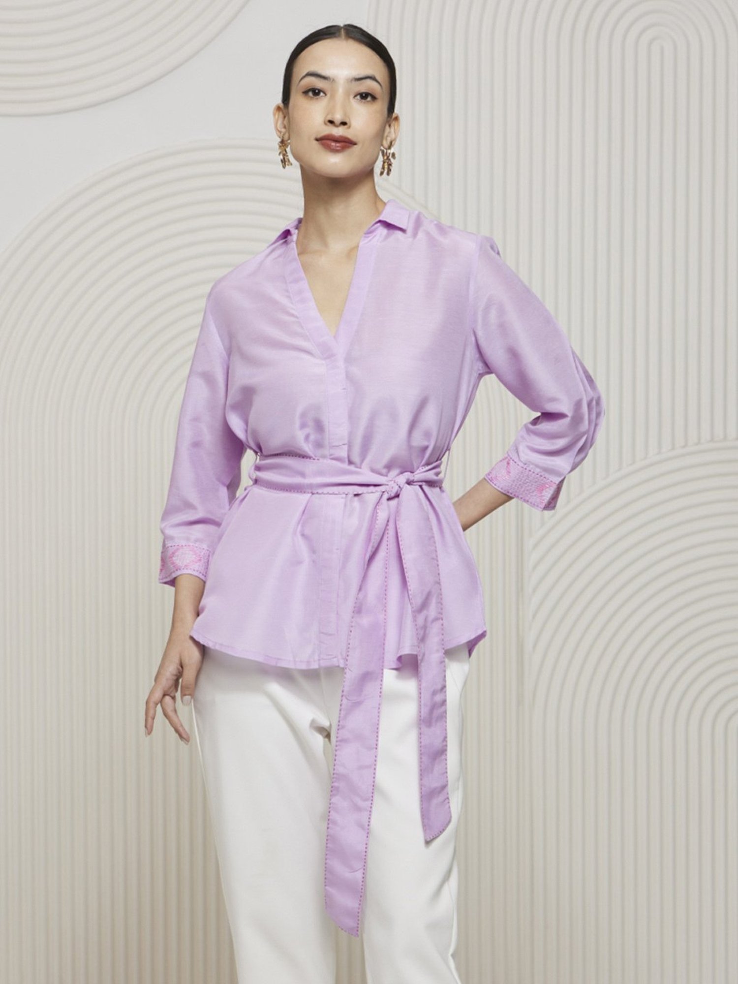 Artagai Lavender Kantha Wrap Shirt with Tie Up and Kantha Detail At Cuff and Belt