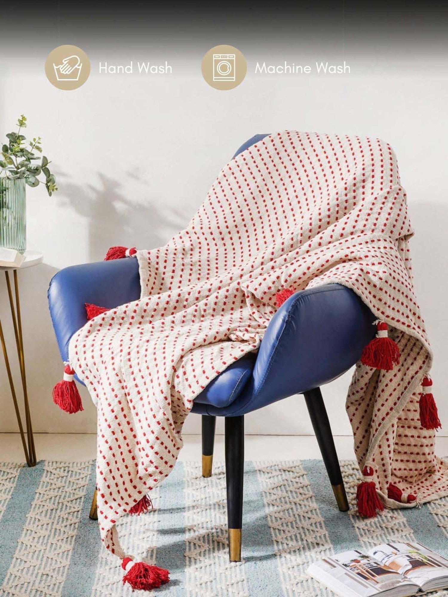 Nestasia Red & Cream Organic Cotton Knitted Throw blanket with texture for Living Room or Bedroom