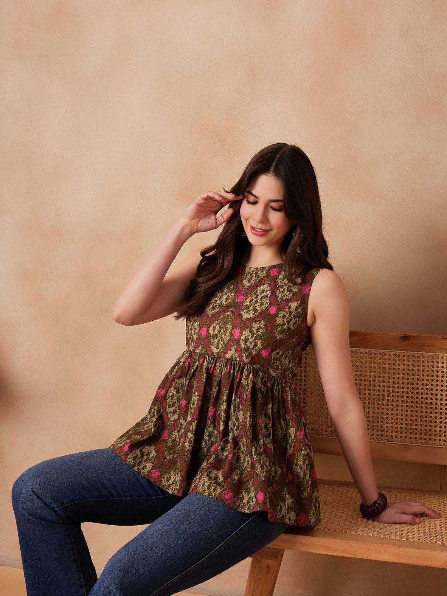 Inweave Olive Green & Maroon Cotton Printed Top