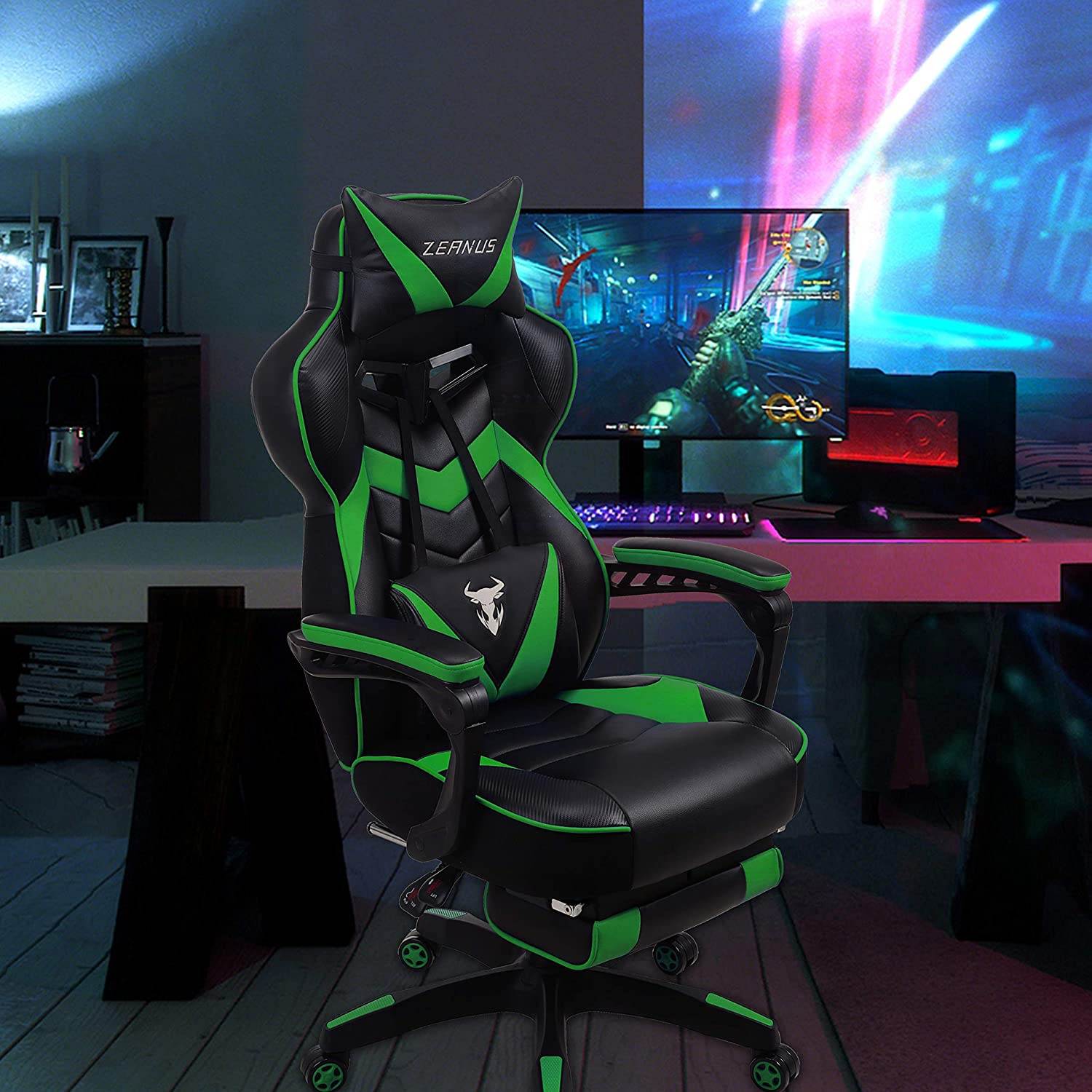 Zeanus Gaming Chair for Adults Green, Gaming Chair with Footrest, Massage Computer Gaming Chair, Reclining Gaming Desk Chair, Big and Tall Video Gaming Chair, Racing Style Chair, E-Sports Gamer Chair