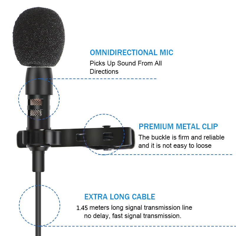 Depusheng 1.45m Mini Portable Microphone Condenser Clip-on Lapel Lavalier Mic Wired Mikrofo/Microfon for Phone Laptop