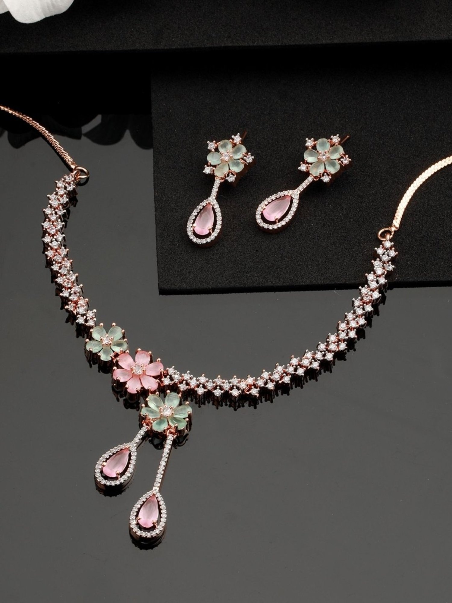 Aatmana Rose Gold-Plated Multi AD Studded Necklace & Earring Set