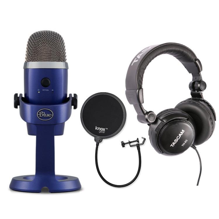 Blue Yeti Nano USB Mic (Vivid Blue) with Headphones and Knox Gear Pop Filter
