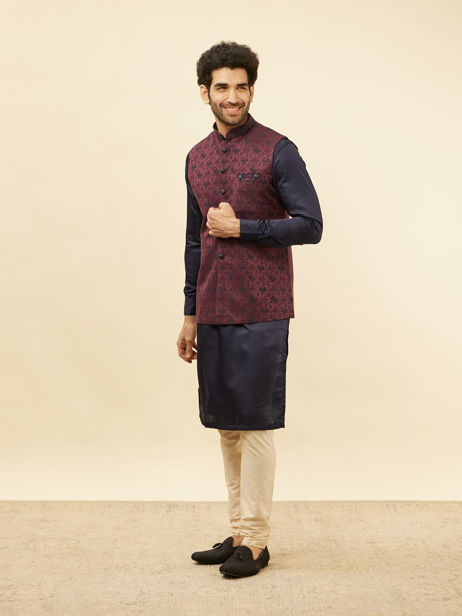 Manyavar Wine Regular Fit Self Design Nehru Jacket
