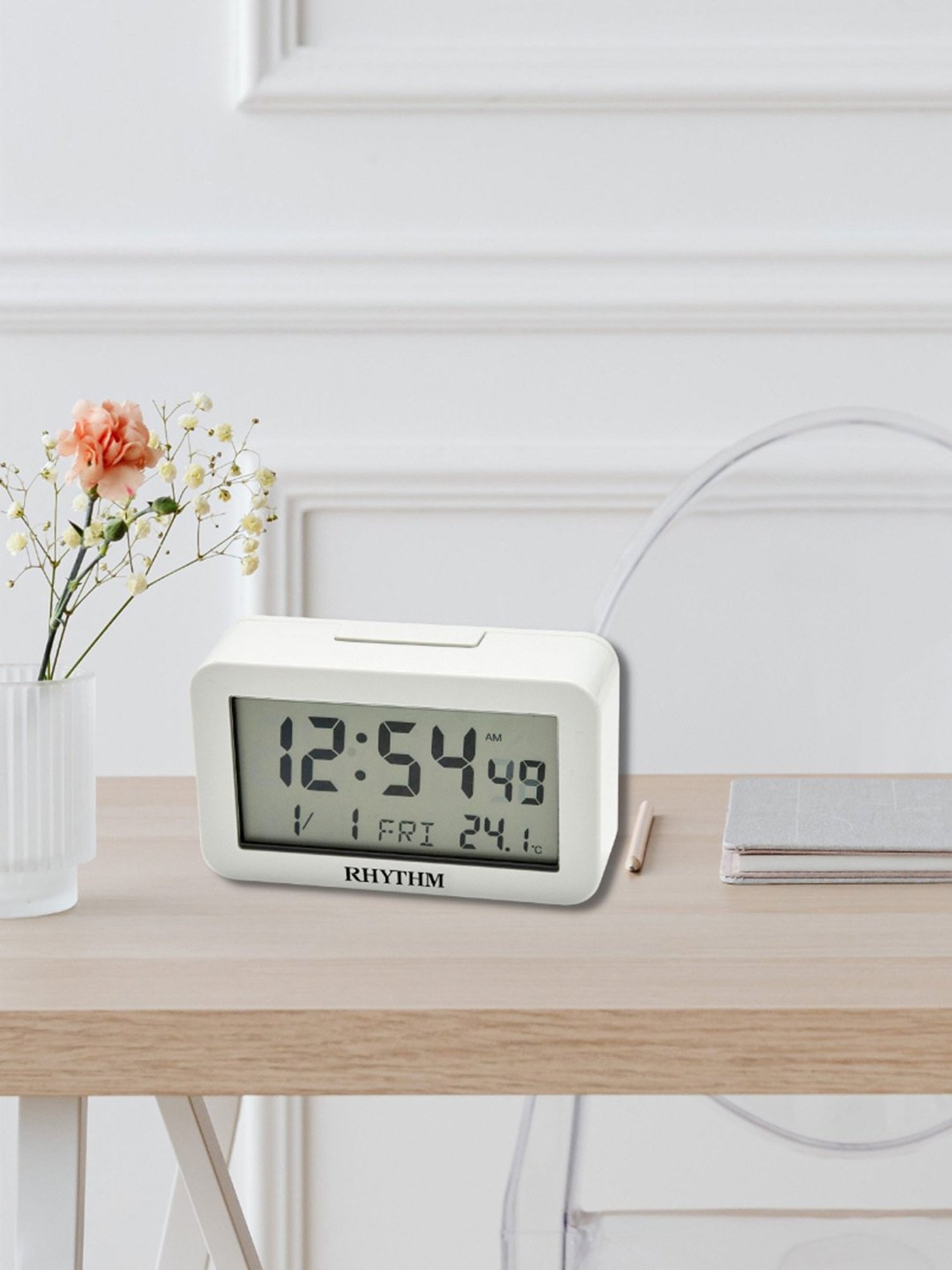RHYTHM White Plastic Rectangular LED Light Beep Alarm Digital Table Clock