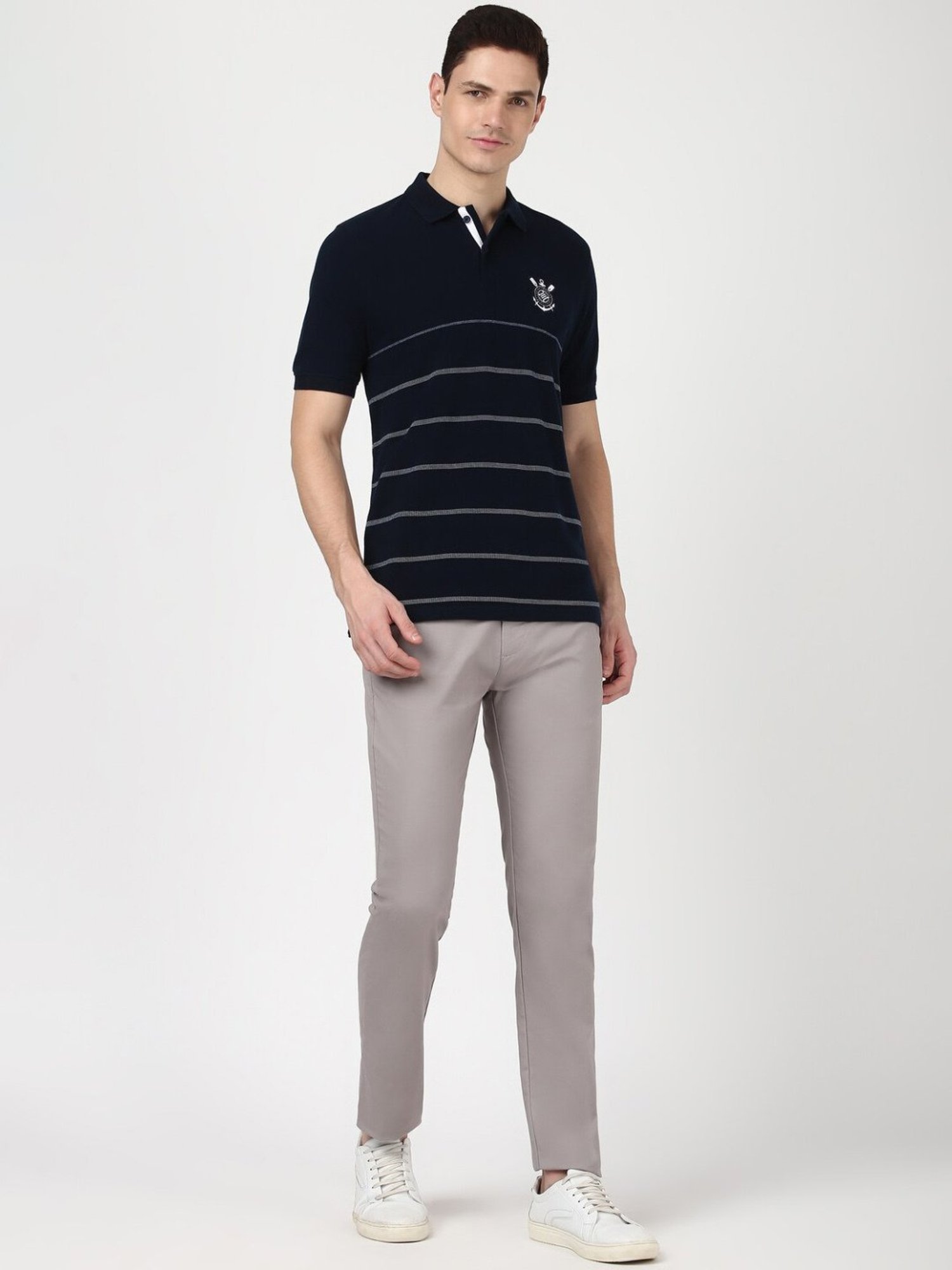 Peter England Navy Cotton Regular Fit Striped T-Shirt