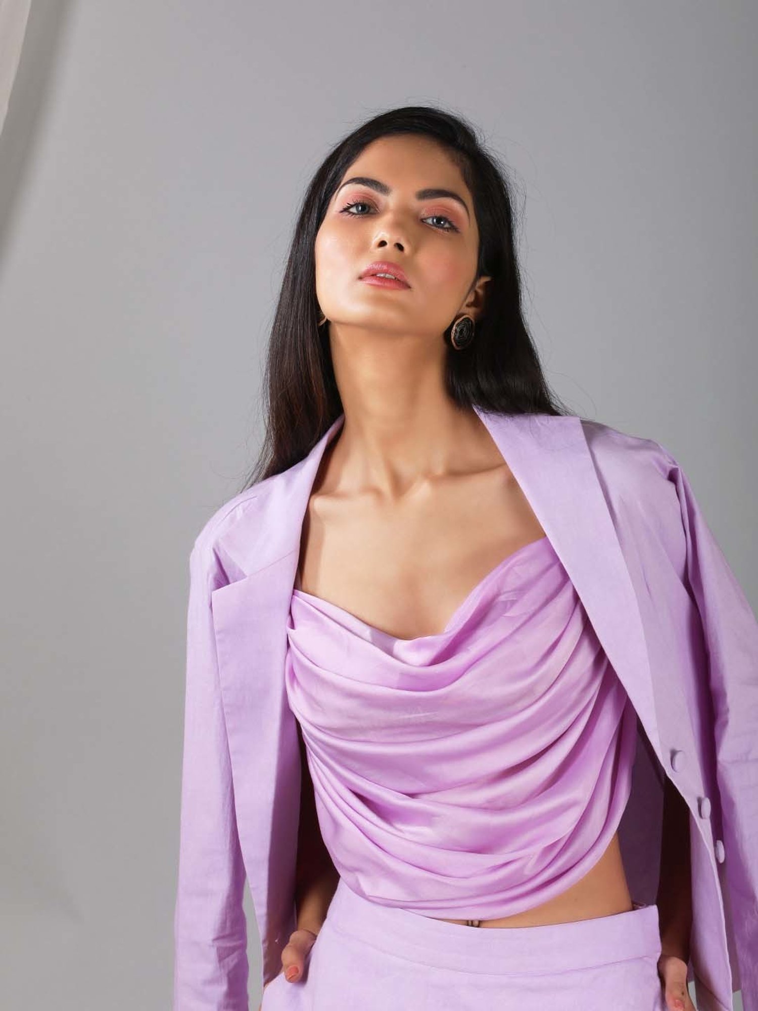 KAORI BY SHREYA AGARWAL Lilac Cotton Crop Top Skort Set With Blazer