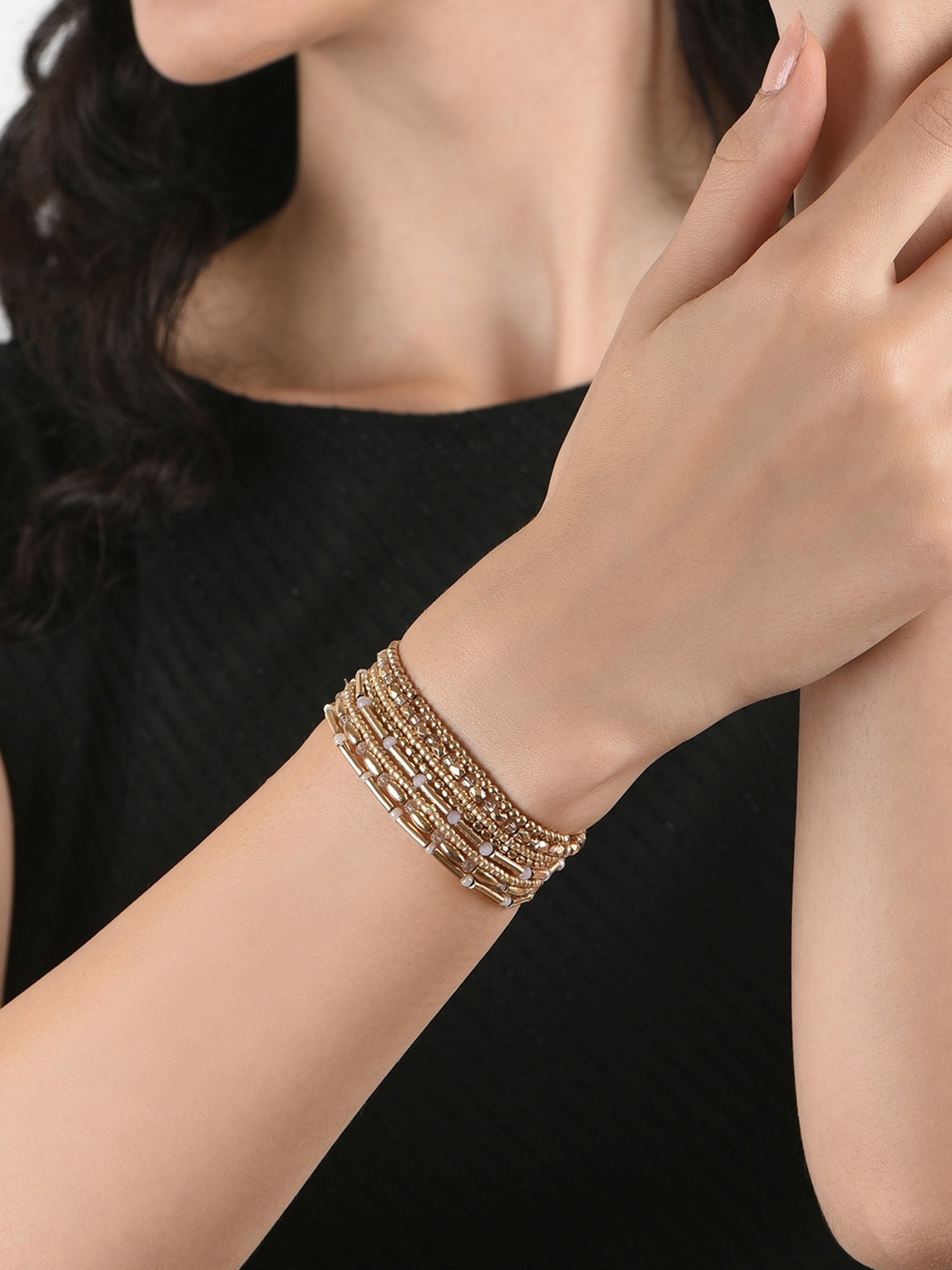 ToniQ Beads Golden Casual Bracelet for Women - Set of 10