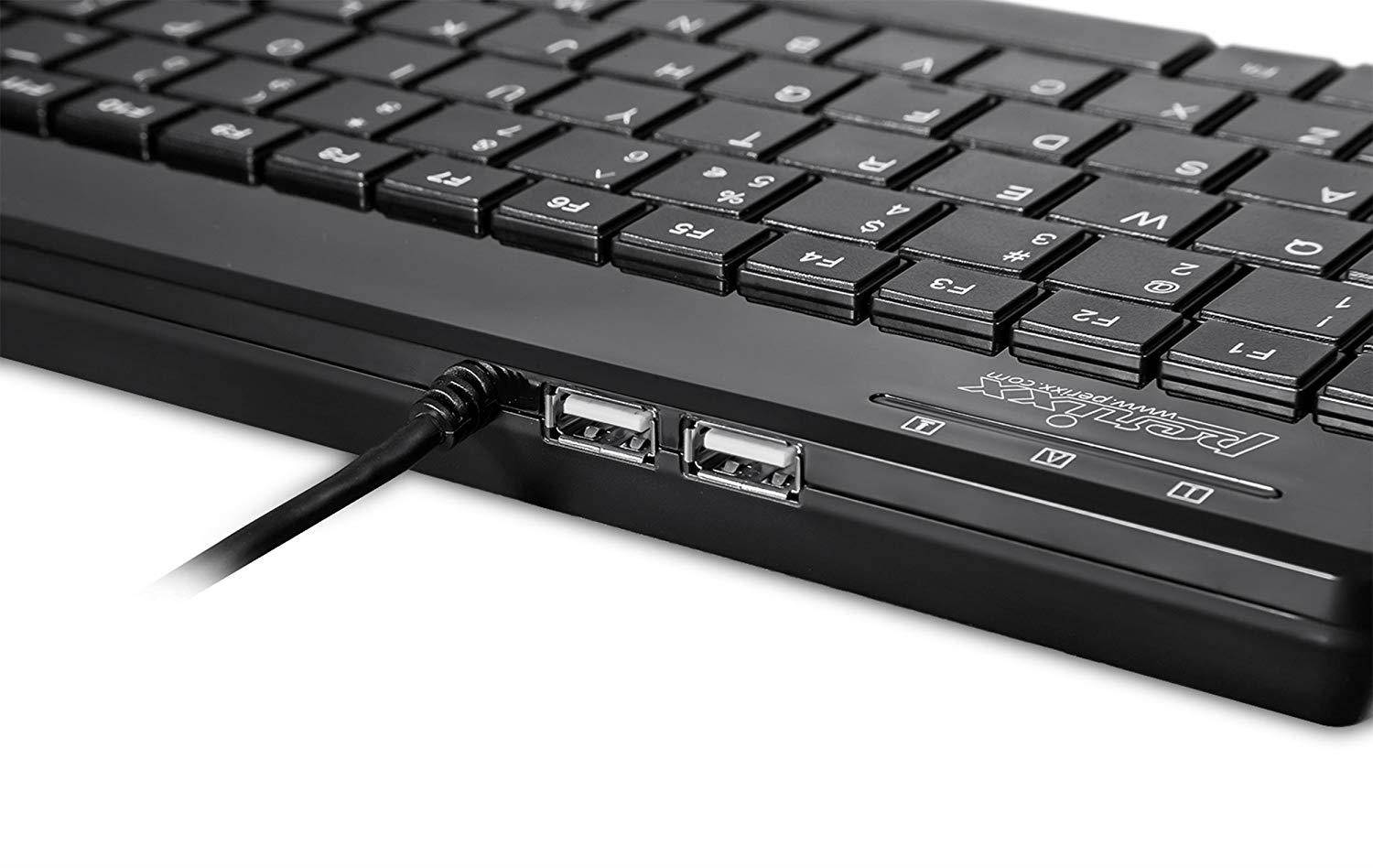 Perixx PERIBOARD-409H, Mini Keyboard with USB Port - 12.40x5.79x0.79 Inch Dimension - Piano Finish Black - Build in 2x USB2.0 Hubs - USB Interface