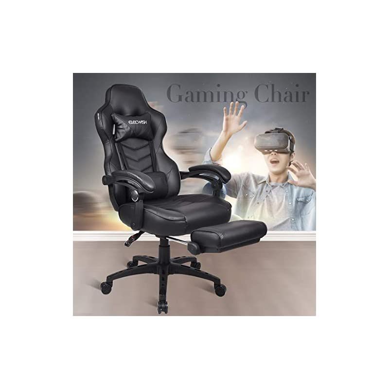 Gaming Chair Racing Office - Reclining PU Leather High Back Ergonomic Adjustable Swivel Executive Computer Desk Large Size Footrest Headrest Lumbar Support Adjustable arms Cushion (Black)