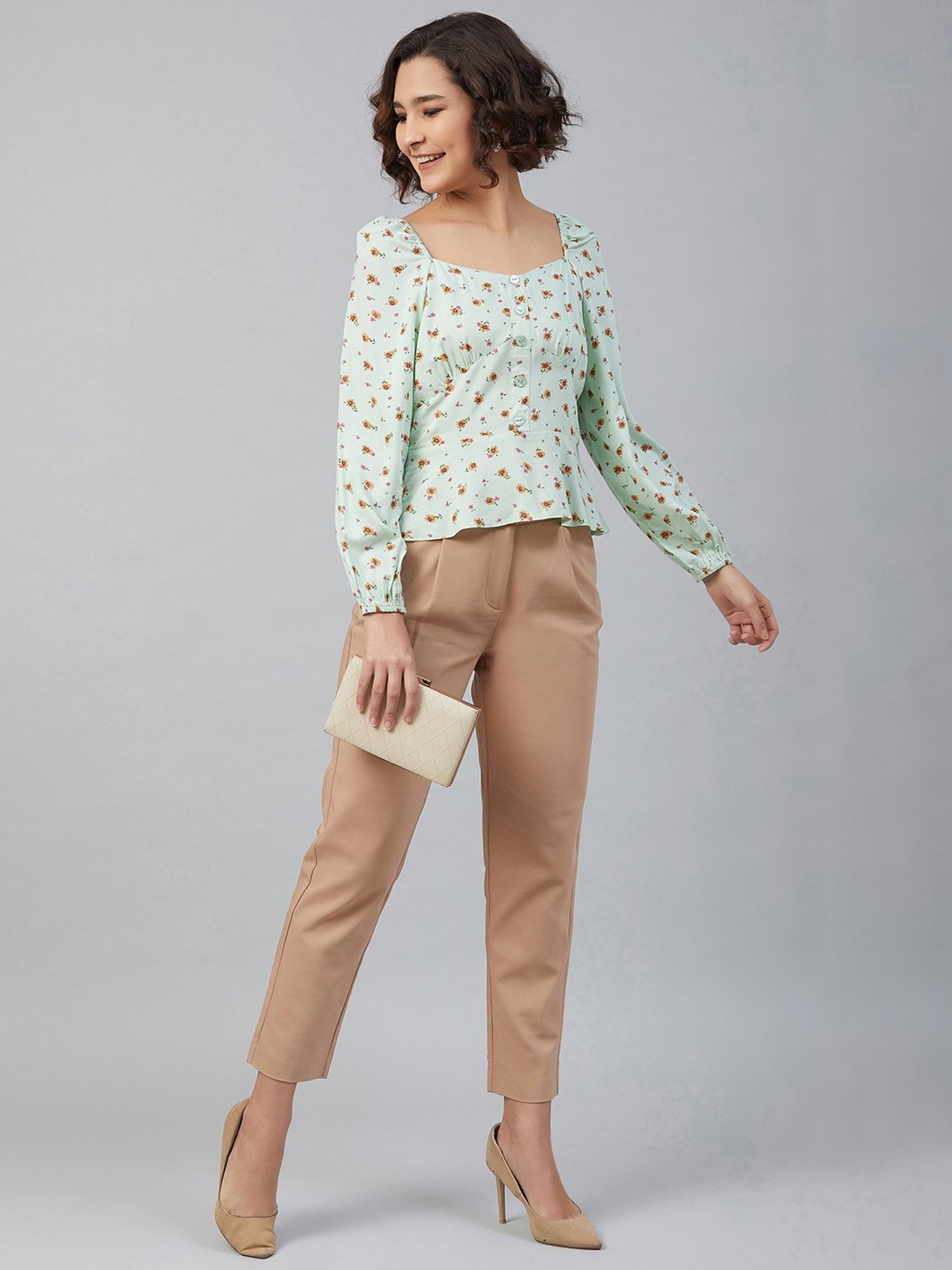 Marie Claire Light Green Floral Print Peplum Top