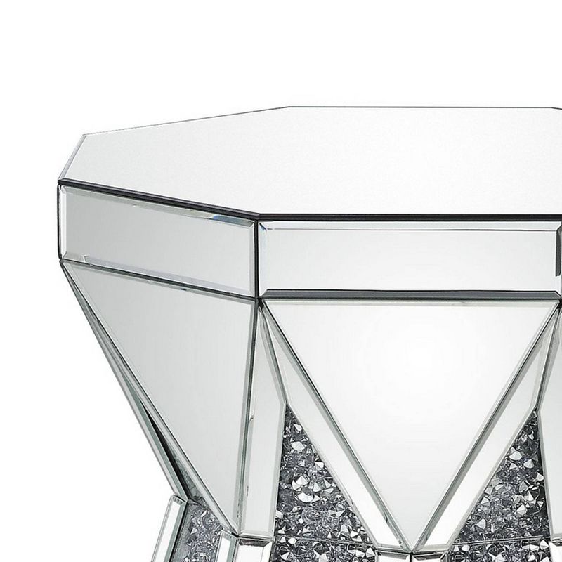 Multiple Faceted Mirrored End Table with Faux Diamonds Silver - Benzara