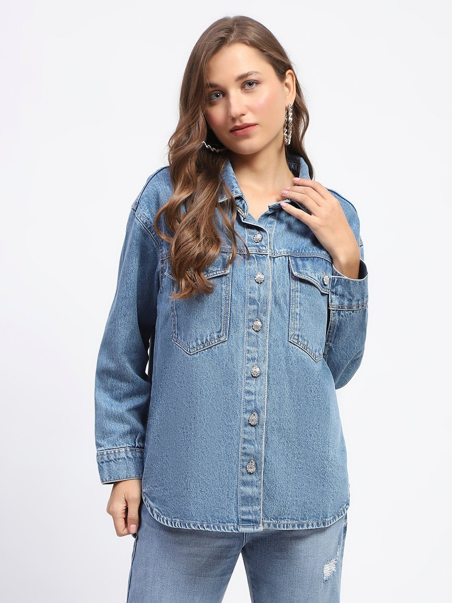 MADAME Blue Cotton Regular Fit Denim Jacket