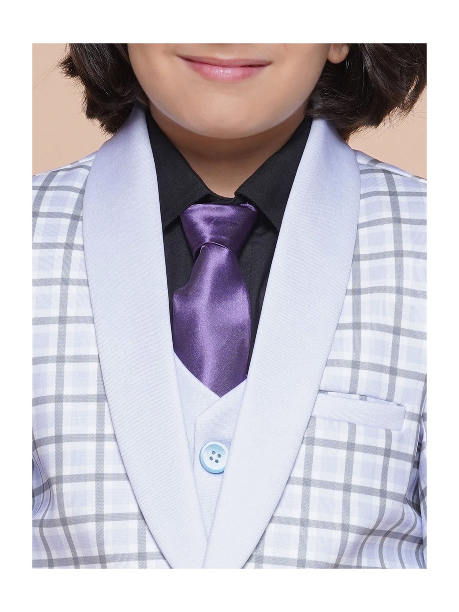 AJ Dezines Kids Blue Checks Full Sleeves Shirt, Pants, Coat, Waistcoat with Tie