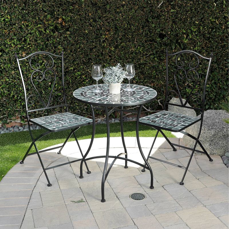 Marbled Glass Mosaic Bistro Set & Two Foldable  Chairs - Alpine Corporation